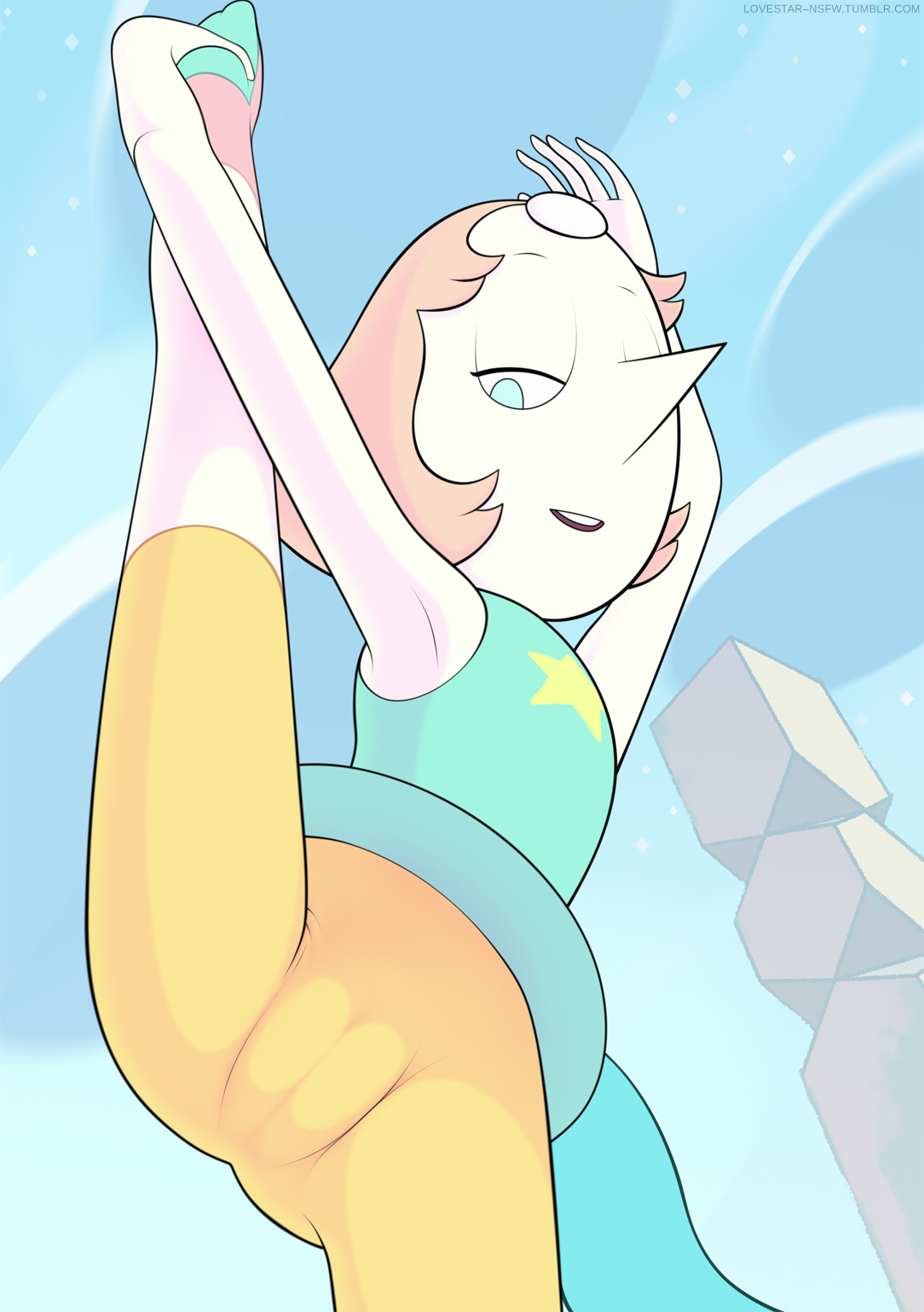 alien, blue eyes, clothes, female, flexible, forehead jewel, gem (species), holding leg, legs up, light brown hair, looking at viewer, outside, pearl (steven universe), pussy, raidon dimentional land, see-through, shorts, smiling, steven universe, stockings