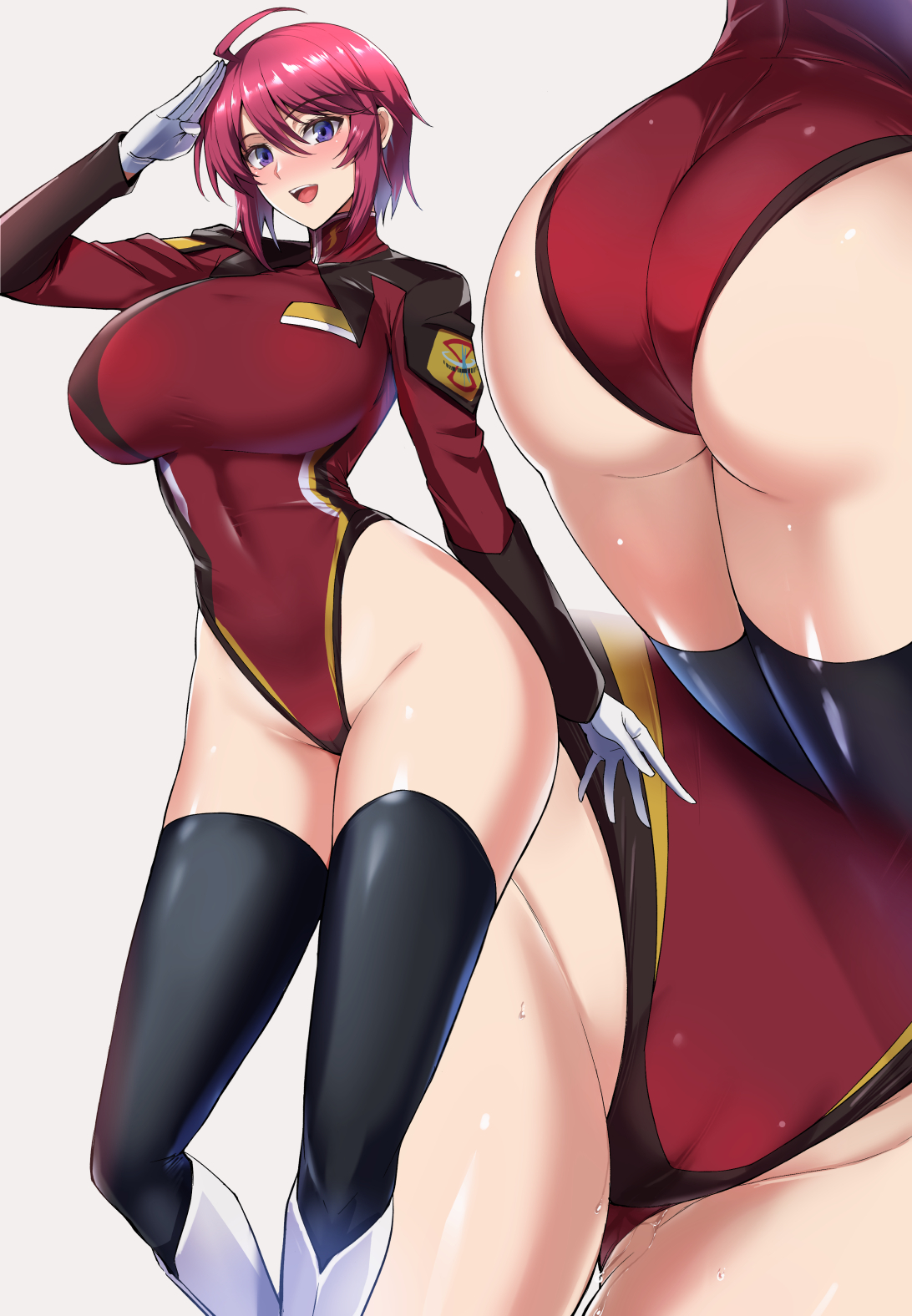 ass, ass focus, breasts, close-up, dripping pussy, female, gundam, gundam seed, gundam seed destiny, highleg, highleg leotard, huge ass, huge breasts, kumakichi (cost-lost), liquid, lunamaria hawke, multiple views, nose blush, pussy, salute, smile, thick thighs, thigh focus, thigh gap, wide hips