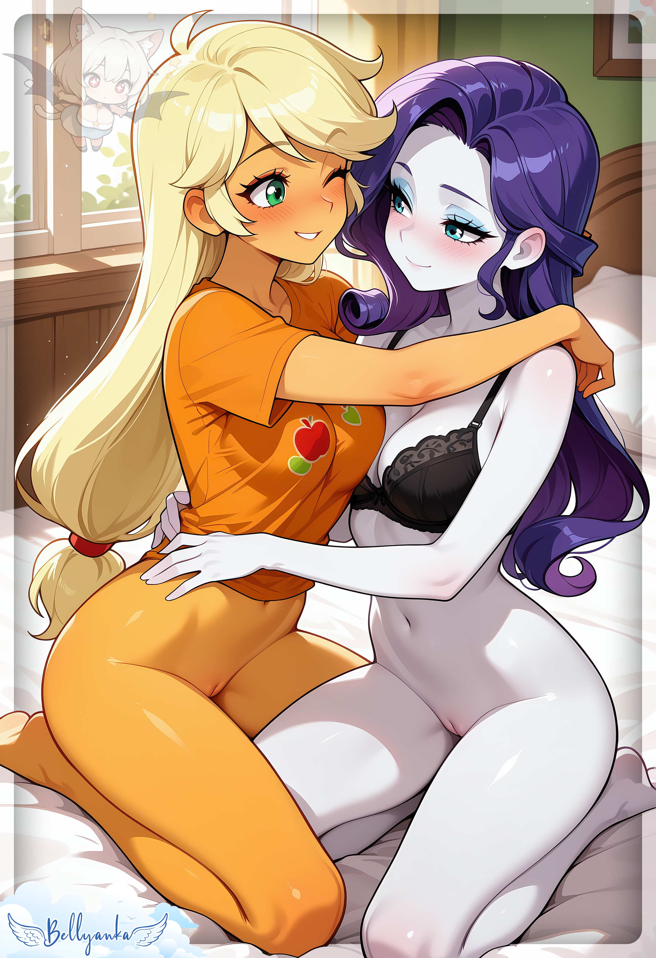 2girls, ai generated, applejack (eg), applejack (mlp), bellyanka, bottomless, equestria girls, female, female only, hasbro, my little pony, rarity (eg), rarity (mlp), tagme