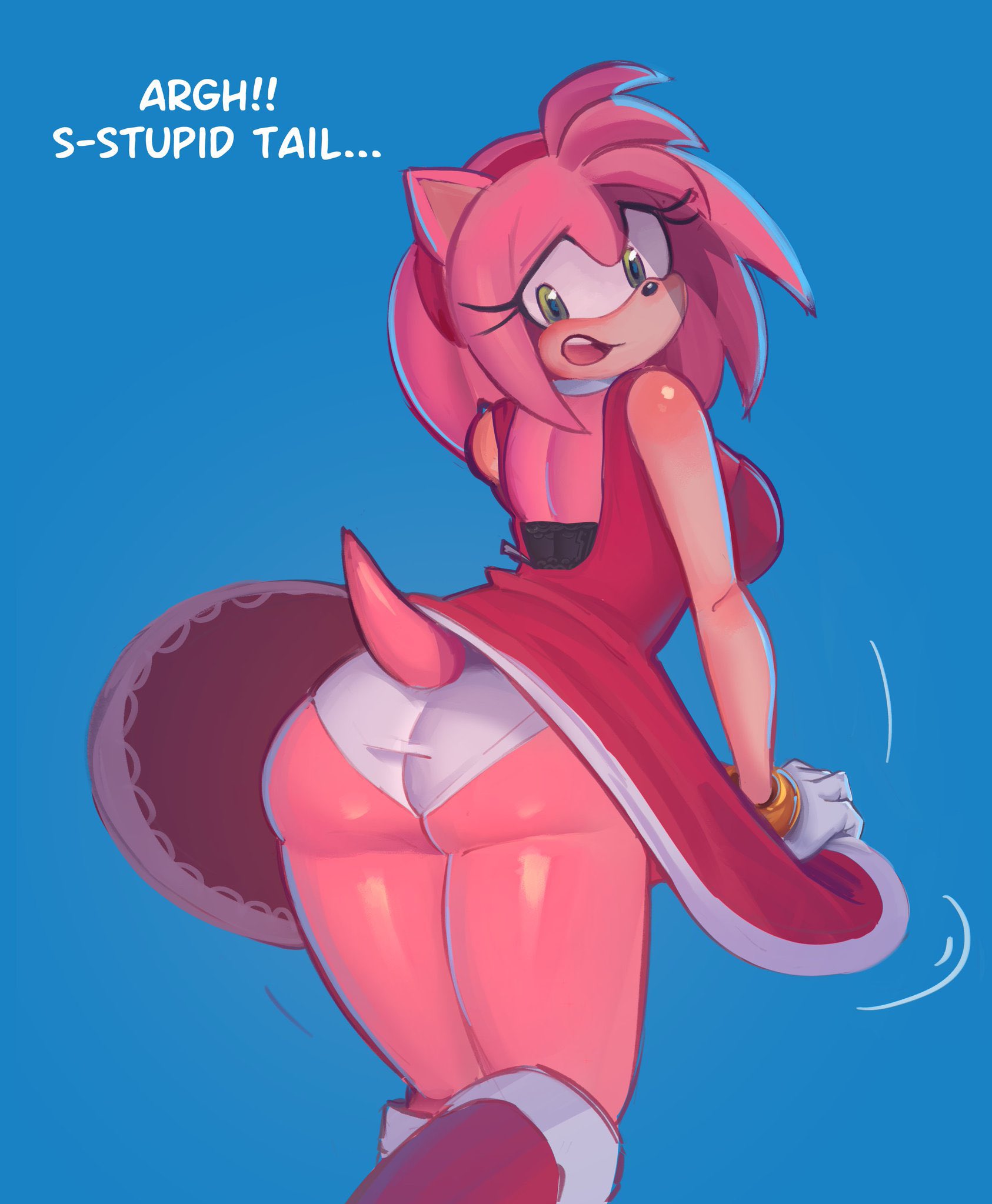 1girls, amy rose, ass, big ass, boots, bra, bracelet, dress, female, furry, gloves, hairband, hanabimiya, looking back, panties, sega, solo focus, sonic (series), sonic the hedgehog (series), tsumimuri, underwear