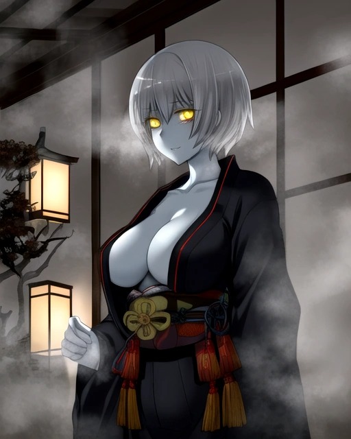 ai_generated fog foggy foggy_background ghost ghost_girl ghostly haunted_house japanese_clothes japanese_house original_character white_hair yellow_eyes