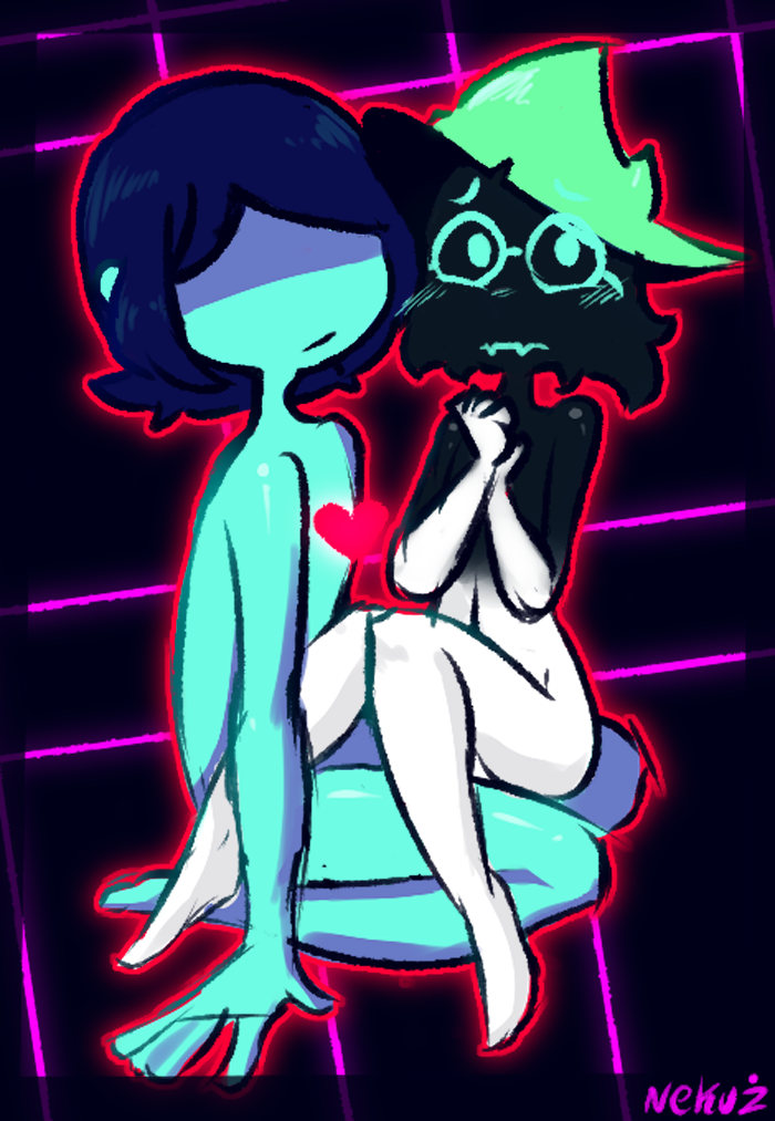 2boys cute deltarune embarrassed_nude_male gay heart kris_(deltarune) naked nekuzx no_visible_genitalia nude nude_male ralsei sitting sitting_on_lap skinny