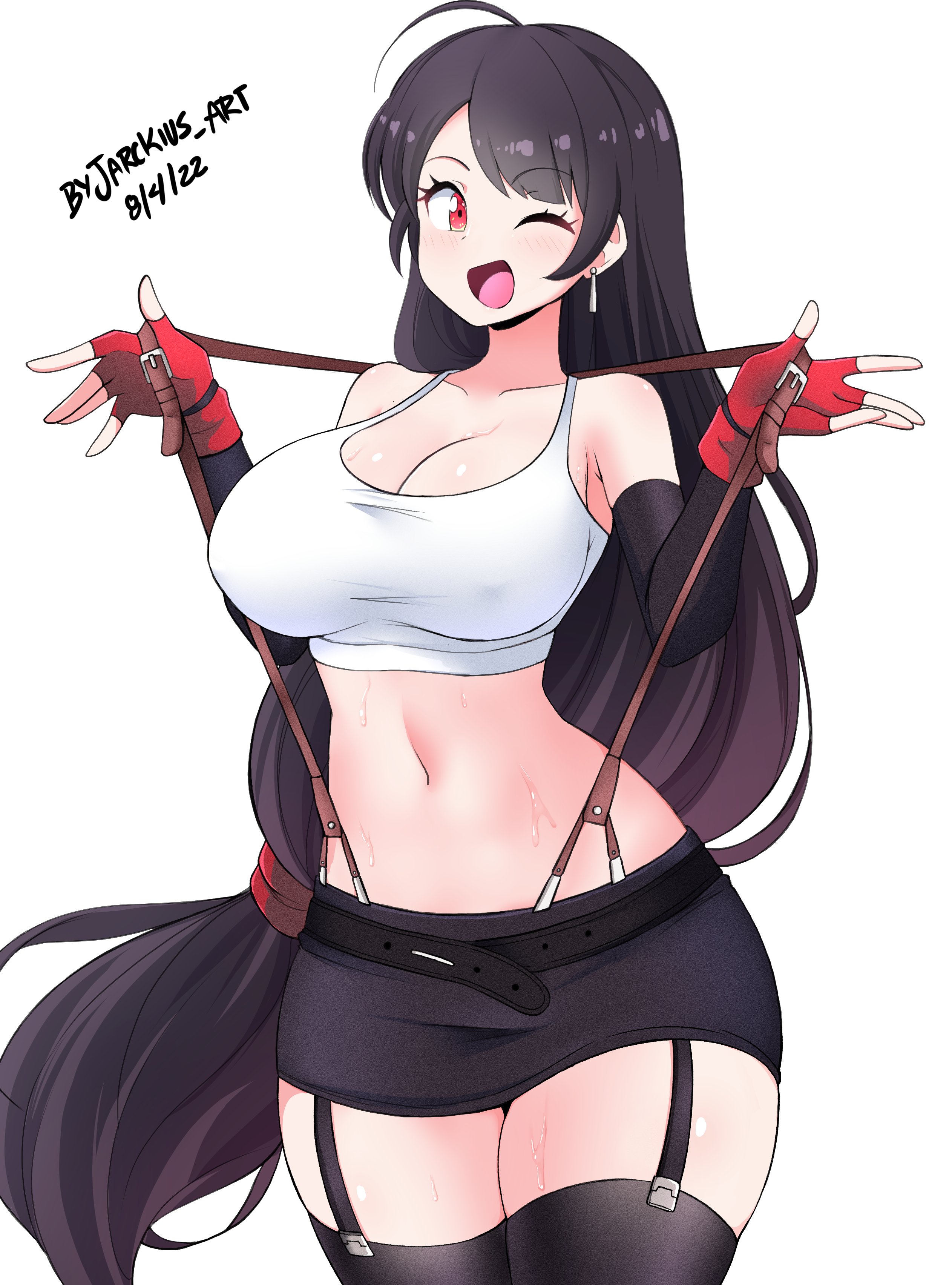 1girls, black hair, breasts, crop top, female, final fantasy, final fantasy vii, jarckius, light skin, light-skinned female, long hair, navel, one eye closed, open mouth, red eyes, solo, solo female, standing, suspenders, thighhighs, tifa lockhart, white background