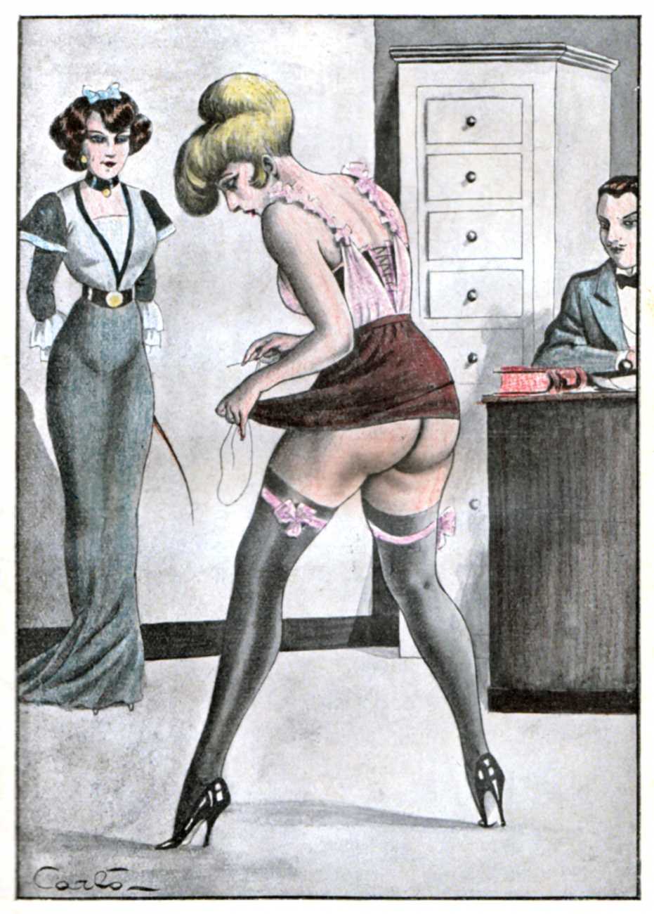 1930s 1boy 2girls ass butt carlo_(artist) choker embarrassed femdom miniskirt partially_clothed stockings thighhighs traditional_media_(artwork) vintage whip