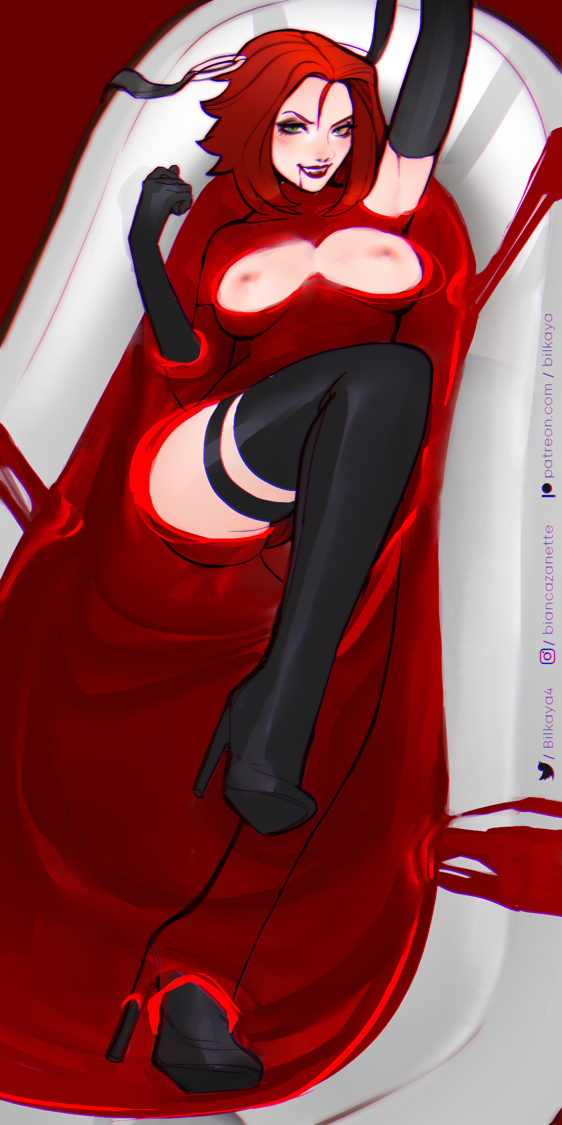 1girls, bath, bathtub, bilkaya, blood, blood bath, bloodrayne, boots, breasts, dhampir, elbow gloves, female, female only, green eyes, half vampire, heel boots, looking at viewer, lying, mascara, nipples, nude, nude female, pussy, rayne, red hair, red lipstick, short hair, smiling, solo female, solo focus, tape, vampire