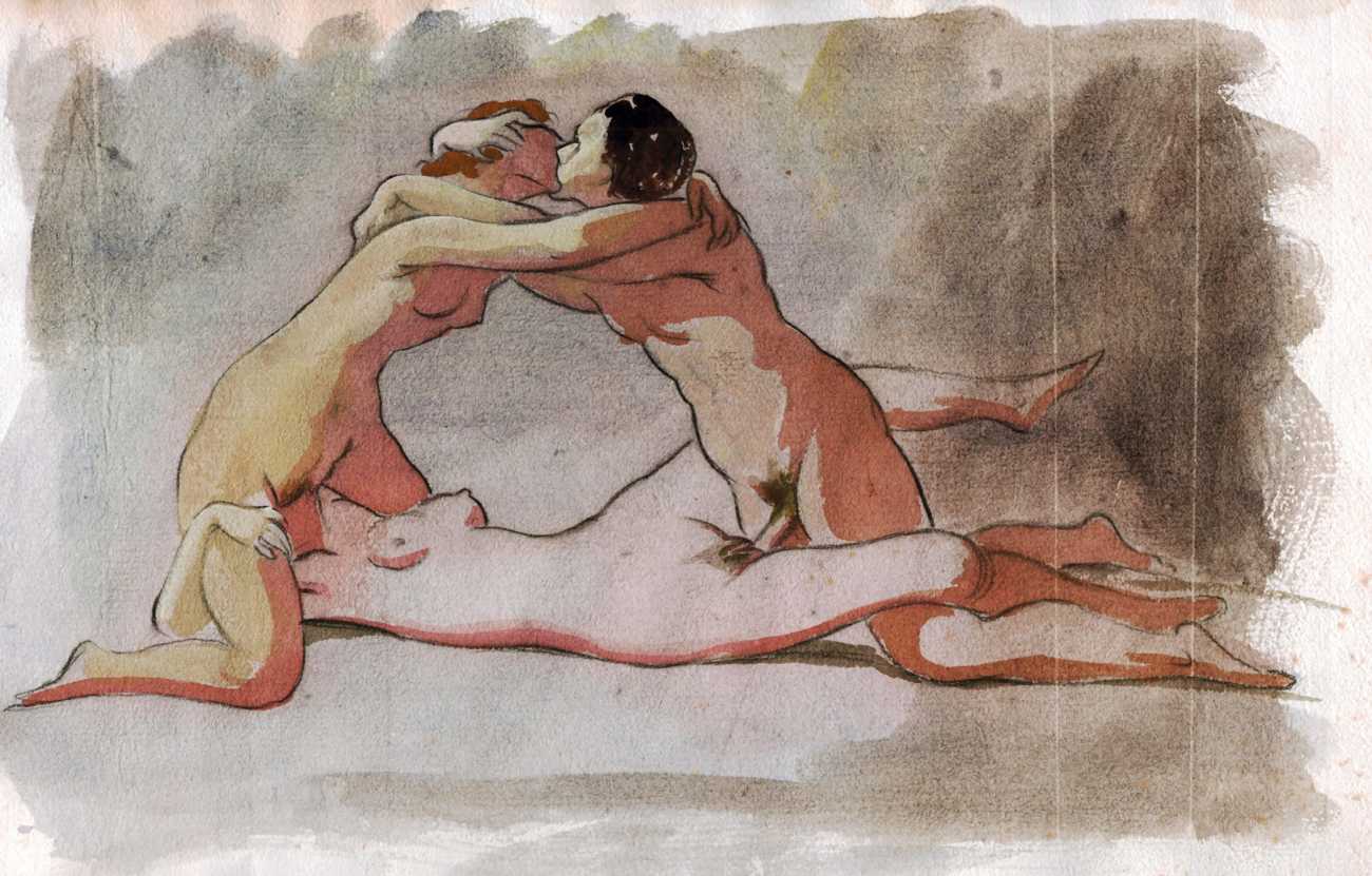 1910s aroldo_bonzagni bisexual bisexual_(female) cunnilingus facesitting ffm_threesome fine_art kissing public_domain threesome traditional_media_(artwork) vintage watercolor_(artwork)