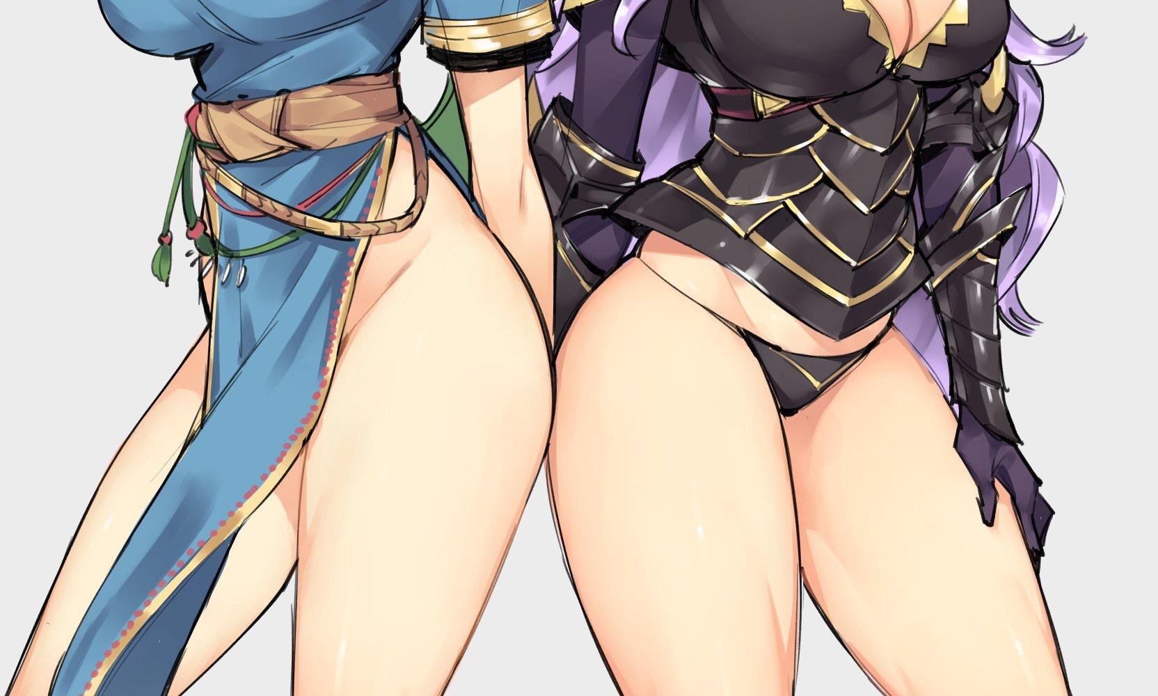2girls, armor, ass to ass, ass-to-ass, breasts, camilla (fire emblem), china dress, chinese clothes, cleavage, commentary request, dress, female, female only, fire emblem, fire emblem fates, fire emblem heroes, fire emblem: the blazing blade, ge-b, gebyy-terar, gloves, highres, large breasts, long hair, long sleeves, lyn (fire emblem), lyndis (fire emblem), multiple females, multiple girls, nintendo, no panties, obi, panties, purple gloves, purple hair, sash, short sleeves, simple background, standing, thick, thick thighs, thighs, underwear, vambraces, white background