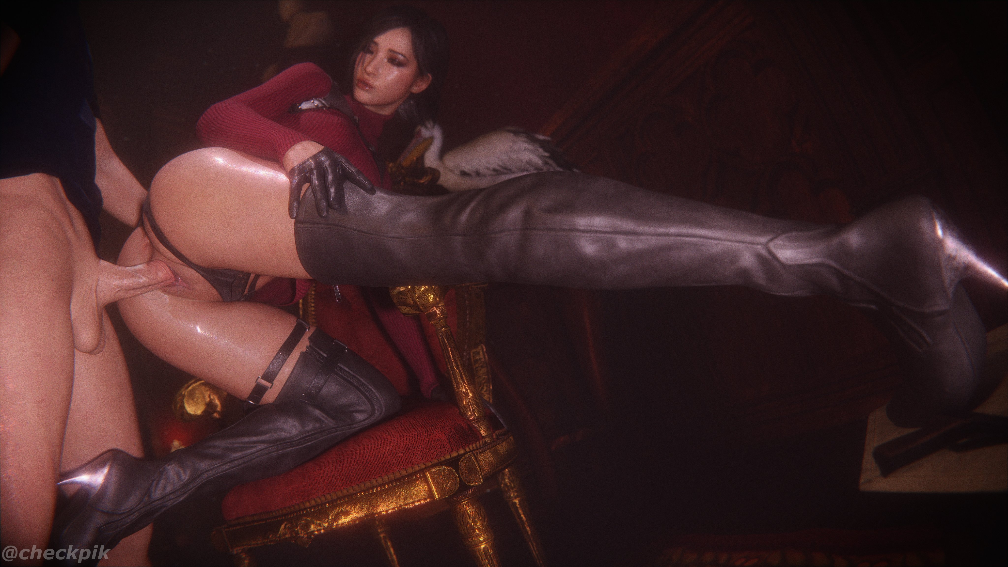 1boy, 1girls, 3d, 3d (artwork), ada wong, ada wong (adriana), asian, asian female, ass, balls, black gloves, black hair, bob cut, chair, chair position, checkpik, clothed sex, female, female penetrated, from behind, from behind position, gloves, human, leather gloves, leon scott kennedy, light skin, light-skinned female, light-skinned male, male, panties, panties aside, penetration, penis, penis in pussy, pleasure face, pussy, resident evil, resident evil 4, resident evil 4 remake, sex, thigh high heels, thighhighs, vagina, vaginal penetration, vaginal sex