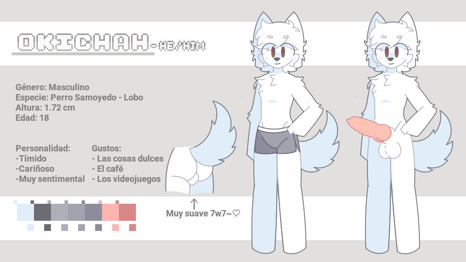 animation_meme_community brown_eyes candy canid canine dog_ears furry male nude okichah okichah_art original original_character pawpads penis reference_sheet samoyed sex smile solo_male white_body white_fur wolf yiff