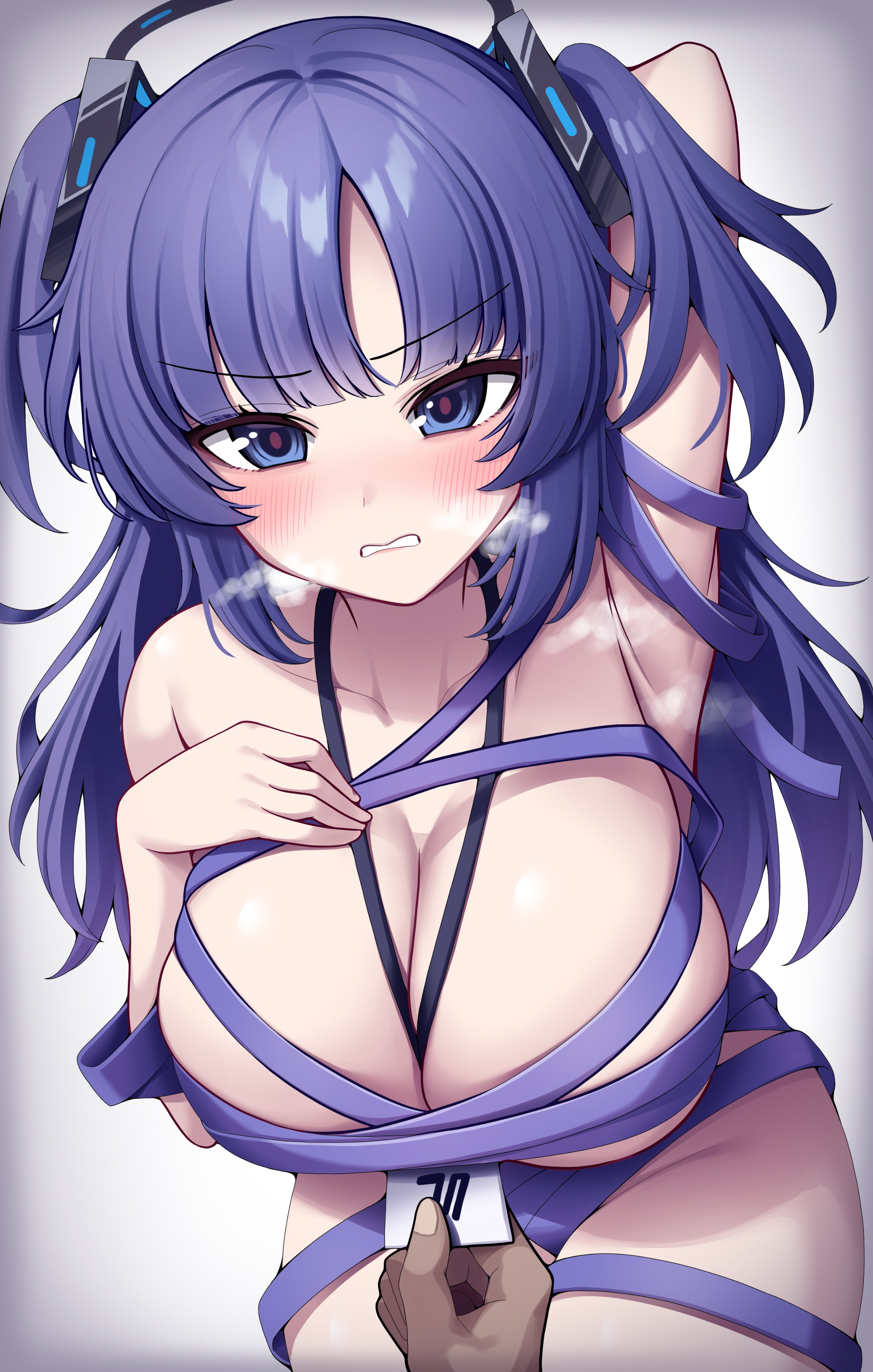 angry, armpit, armpits, blue archive, breasts, dark skin, dark-skinned male, female, gift wrapped, huge breasts, id card, male, male hand, metaljelly, millennium science school logo (blue archive), millennium science school student, one arm up, pov, pov hands, pulling, seminar (blue archive), sensei (blue archive), steaming body, thick thighs, unamused, wide hips, wrappings, yuuka (blue archive)
