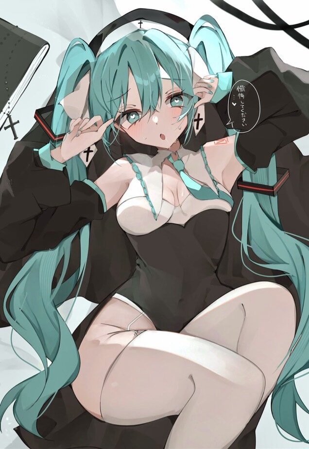 :o, 1girl, aqua eyes, aqua hair, aqua nails, aqua necktie, armpits, artist request, bangs, black sleeves, blue eyes, blue hair, blue nails, blue tie, blush, breasts, cleavage, covered navel, cross, detached sleeves, female, habit, hair between eyes, hatsune miku, heart, heart-shaped pupils, leotard, long hair, looking at viewer, lying, medium breasts, nail polish, necktie, nun, nun outfit, on back, open mouth, shoulder tattoo, solo, sweat, symbol-shaped pupils, tattoo, thighhighs, tie, twintails, very long hair, vocaloid, white thighhighs