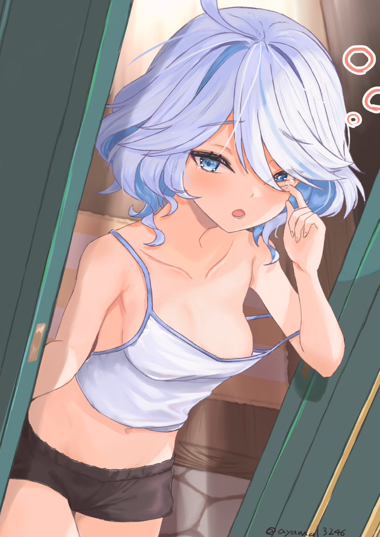 1girls, belly button, blue eyes, breasts, clothing, door, female, female only, furina (genshin impact), genshin impact, inviting, midriff, open door, petite, shorts, small breasts, solo, strap slip, tank top