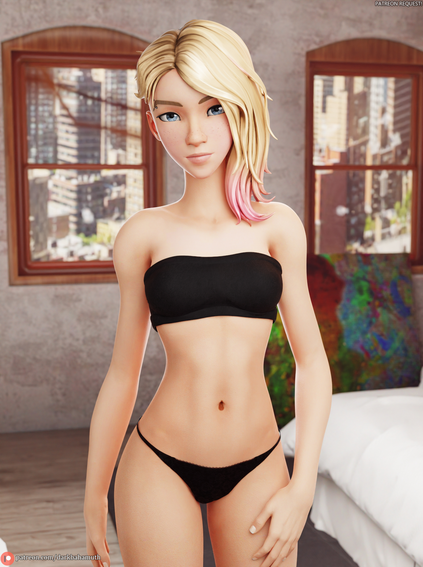 1girls, 3d, black panties, darkbahamuth, eyebrow piercing, female, female only, fortnite, gwen stacy, gwen stacy (spider-verse), marvel, marvel comics, panties, petite, pinup, solo, spider-gwen (spider-verse), spider-man (series), spider-man: across the spider-verse, spiderverse, teenager, underwear, young, younger female