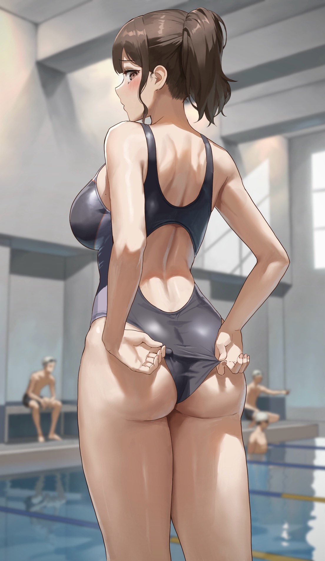 1girls 3boys anteiru anteiru3939 ass background_character background_characters big_breasts breasts brown_hair embarrassed female female_human fit_female fujisaki_honami human human_male indoors large_breasts light-skinned_female looking_back male one-piece_swimsuit original original_character ponytail rear_view sideboob slim_waist swimming_pool swimsuit teacher thick_ass thighs wide_hips