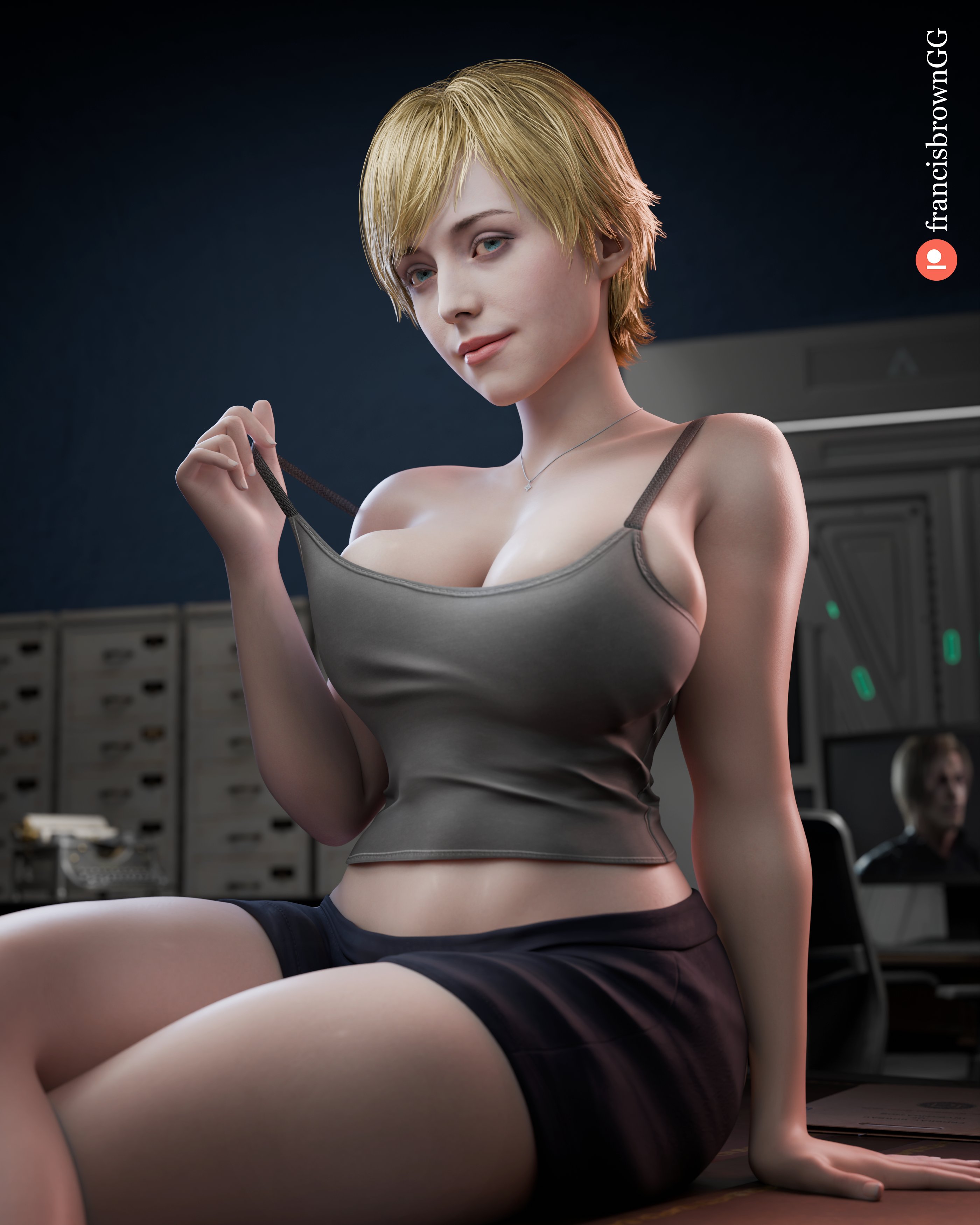 1girl, 3d, 40 year old, blonde hair, blue eyes, breasts, capcom, female, francis brown, leon scott kennedy, light-skinned female, lipstick, mature, mature female, mature woman, necklace, resident evil, resident evil 9: requiem, sherry birkin, sherry birkin (bridgette haze), shorts, smile, tank top, undershirt, youthful, youthful face, youthful features, youthful look