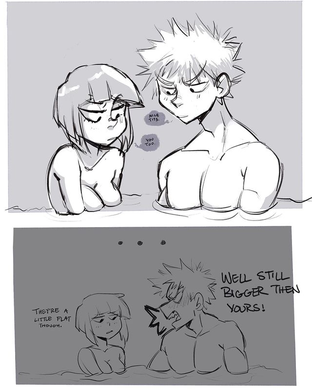 1boy, 1girls, angry face, bathing together, bob cut, boobs, breasts, chest, co-ed, co-ed bathing, comic, comparing, comparing breasts, english text, female, funny, in water, katsuki bakugou, kyoka jiro, looking at breasts, male, male/female, mixed bathing, monochrome, my hero academia, nude, pecs, pectorals, straight, text, tits
