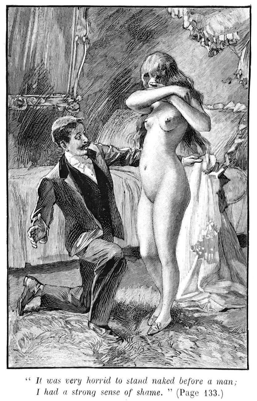 1900s 1boy 1girls breasts caption dolly_morton embarrassed_nude_female engraving forced_exposure hatching_(art) monochrome stripped the_memoirs_of_dolly_morton traditional_media_(artwork) vintage