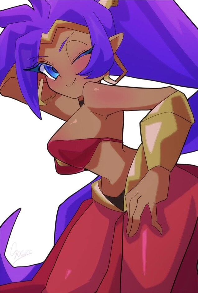 1girls blue_eyes brown_skin female female_only purple_hair satoro301 shantae shantae_(character) solo winking_at_viewer