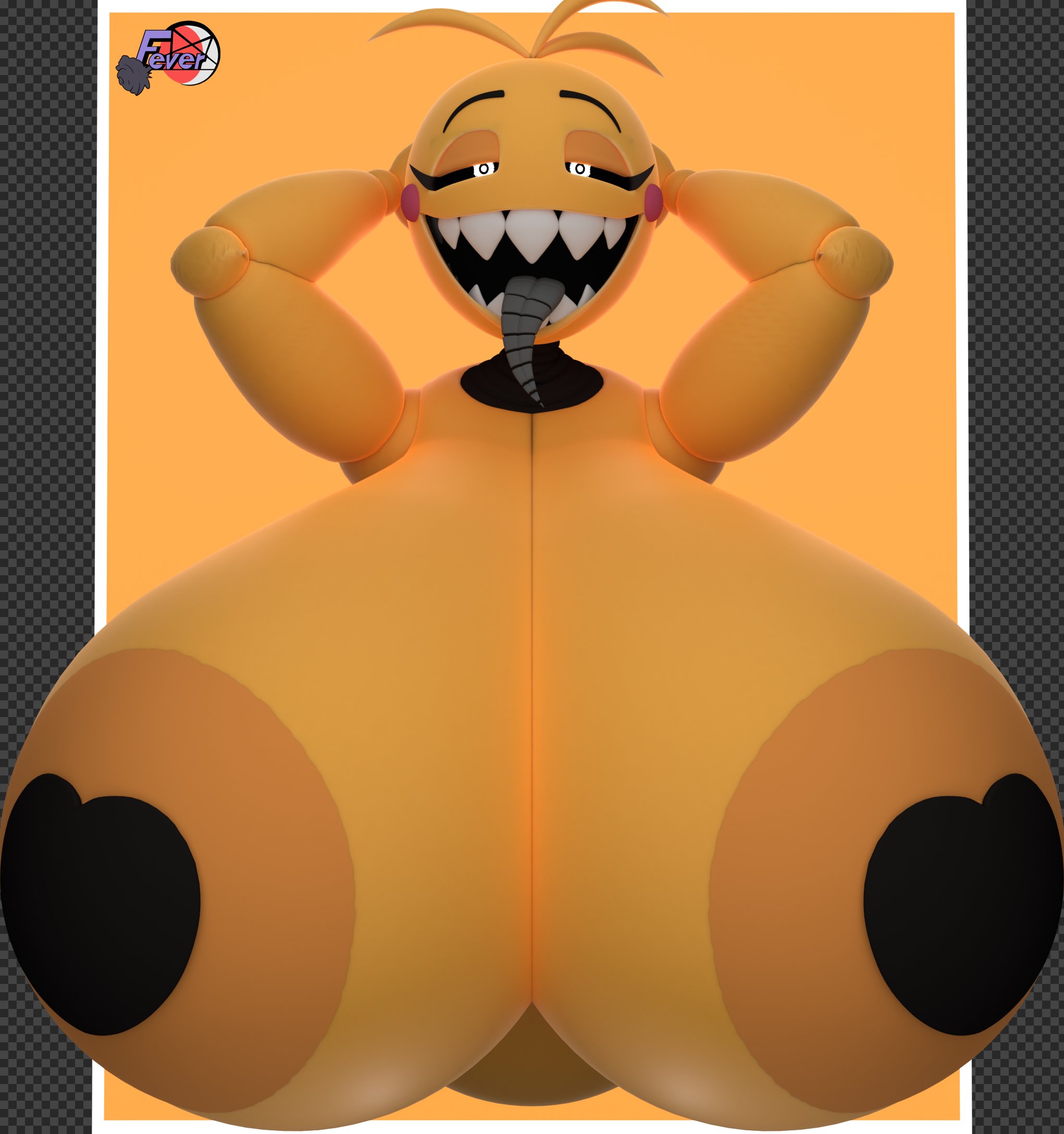 1girls, 3d, 3d (artwork), animatronic, areolae, big breasts, breasts, eyebrows, eyelashes, female, female only, feversfm, five nights at freddy's, five nights at freddy's 2, heart-shaped pasties, huge breasts, large breasts, looking at viewer, metal tongue, open mouth, pasties, scottgames, sharp teeth, solo, solo female, solo focus, tongue, tongue out, toy chica (cyanu), toy chica (fnaf), yellow body, yellow skin