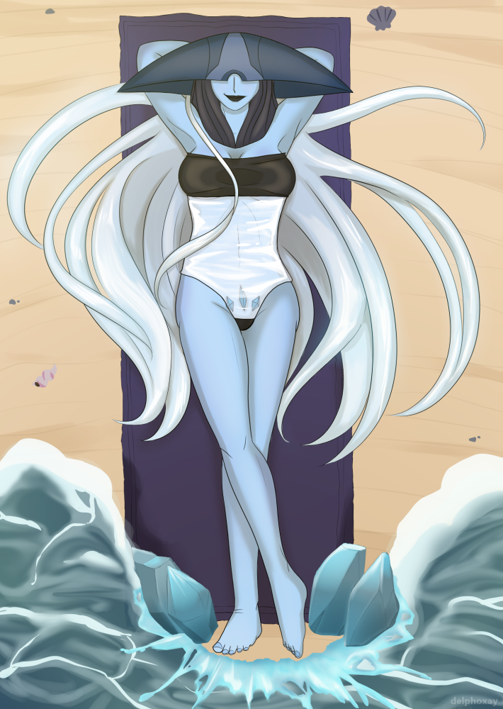 1girls beach big_breasts black_lipstick blue_skin delphoxay female gris_swimsuit helmet ice icicle league_of_legends lissandra long_hair riot_games skin_tight_suit smirk solo towel white_hair