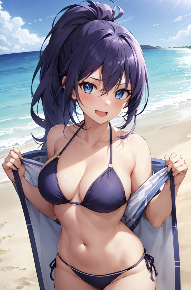 ai_generated amikura_mako beach_background belly_button blue_eyes blushing classroom_of_the_elite looking_at_viewer open_mouth purple_bikini purple_hair removing_clothing youkoso_jitsuryoku_shijou_shugi_no_kyoushitsu_e