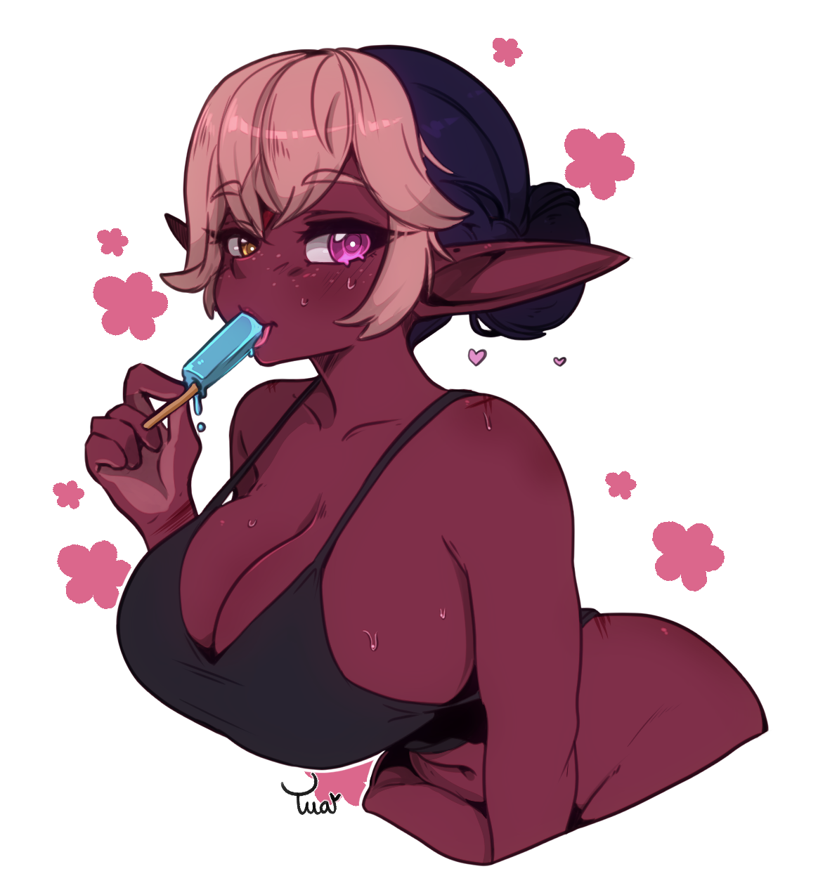 1girls, dark skin, dark-skinned female, female, final fantasy, final fantasy xiv, freckles, gem on forehead, lalafell, lalatua ul tua, mamatua, pointy ears, popcicle, purple hair, short hair, solo, two-tone hair