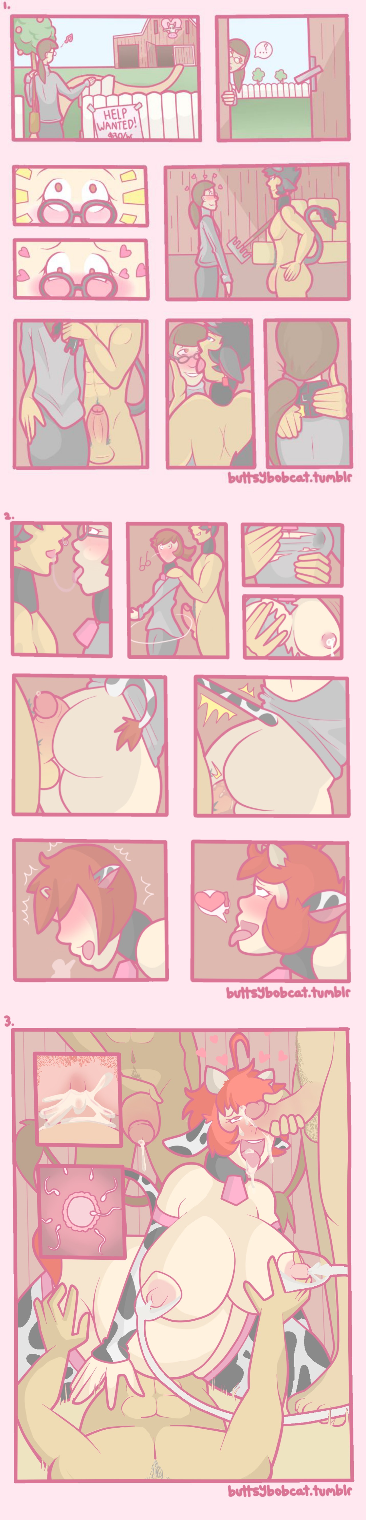 1girls, 3boys, ahe gao, ahoge, ass, ass expansion, bell collar, black hair, blush, breast expansion, breast growth, breast growth (enlargement), breasts, brown hair, bull, buttsybobcat, collar, comic, cow girl, cowbell, cum, cum in mouth, cum on face, drool string, farm, female, femsub, glasses, hair color change, hi res, horns, huge breasts, lactation, large ass, large breasts, large penis, licking, long hair, male, maledom, penis, ponytail, pregnant, pussy, red eyes, red hair, sex, tail, thick thighs, thighhighs, tongue, tongue out, transformation, vaginal penetration, visible breath, wide hips