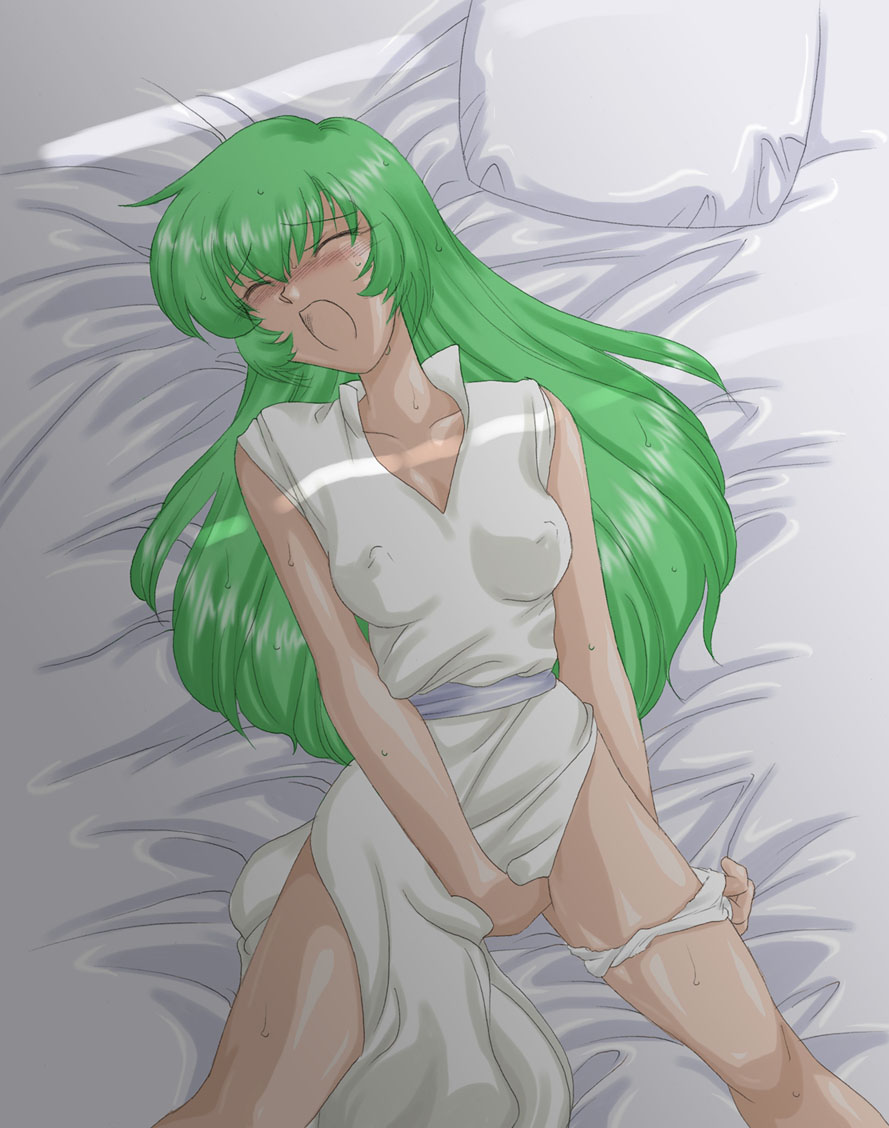 1girls bed_sheet blush breasts closed_eyes covered_nipples erinys_(fire_emblem) fingering fingering_self fire_emblem fire_emblem:_genealogy_of_the_holy_war green_hair kyouno_aki large_breasts long_hair masturbation nipples on_back on_bed open_mouth pillow solo white_shirt