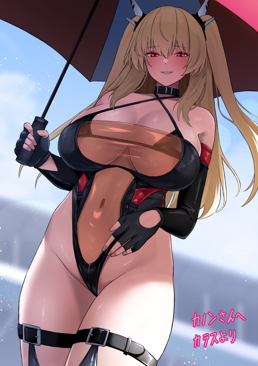 1girls 2020s 2024 2d 2d_(artwork) big_breasts big_thighs black_choker black_panties blonde_hair blush bra_visible_through_clothes breasts choker cleavage elbow_gloves female female_focus female_only fingerless_gloves hair_ornament hand_on_hip hi_res highres hips huge_breasts karasunosouko large_breasts large_thighs latex latex_clothing latex_elbow_gloves latex_legwear latex_suit latex_thighhighs leotard light-skinned_female light_skin long_ears long_hair looking_at_viewer looking_down_at_viewer midriff navel numako_(pizza_kanon) original original_character outdoors pointy_ears race_queen see-through see-through_clothing skindentation smile smiling solo solo_female solo_focus sun thick thick_thighs tight_clothing twintails umbrella underboob wide_hips