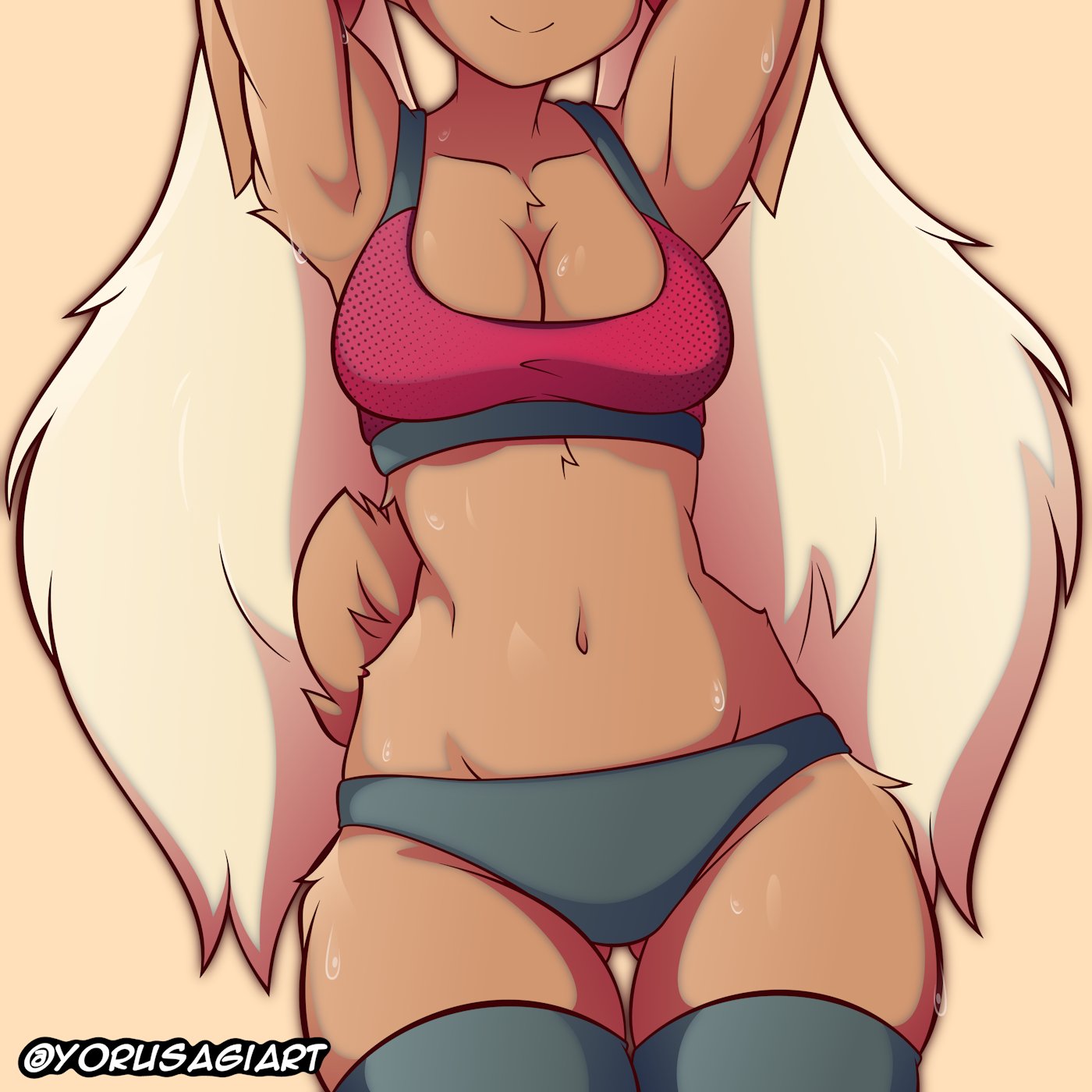 big breasts, breasts, female, fur, long hair, lopunny, pokemon, pokemon (species), shorts, smile, sports bra, sweat, thick thighs, thighhighs, wide hips, yorusagi