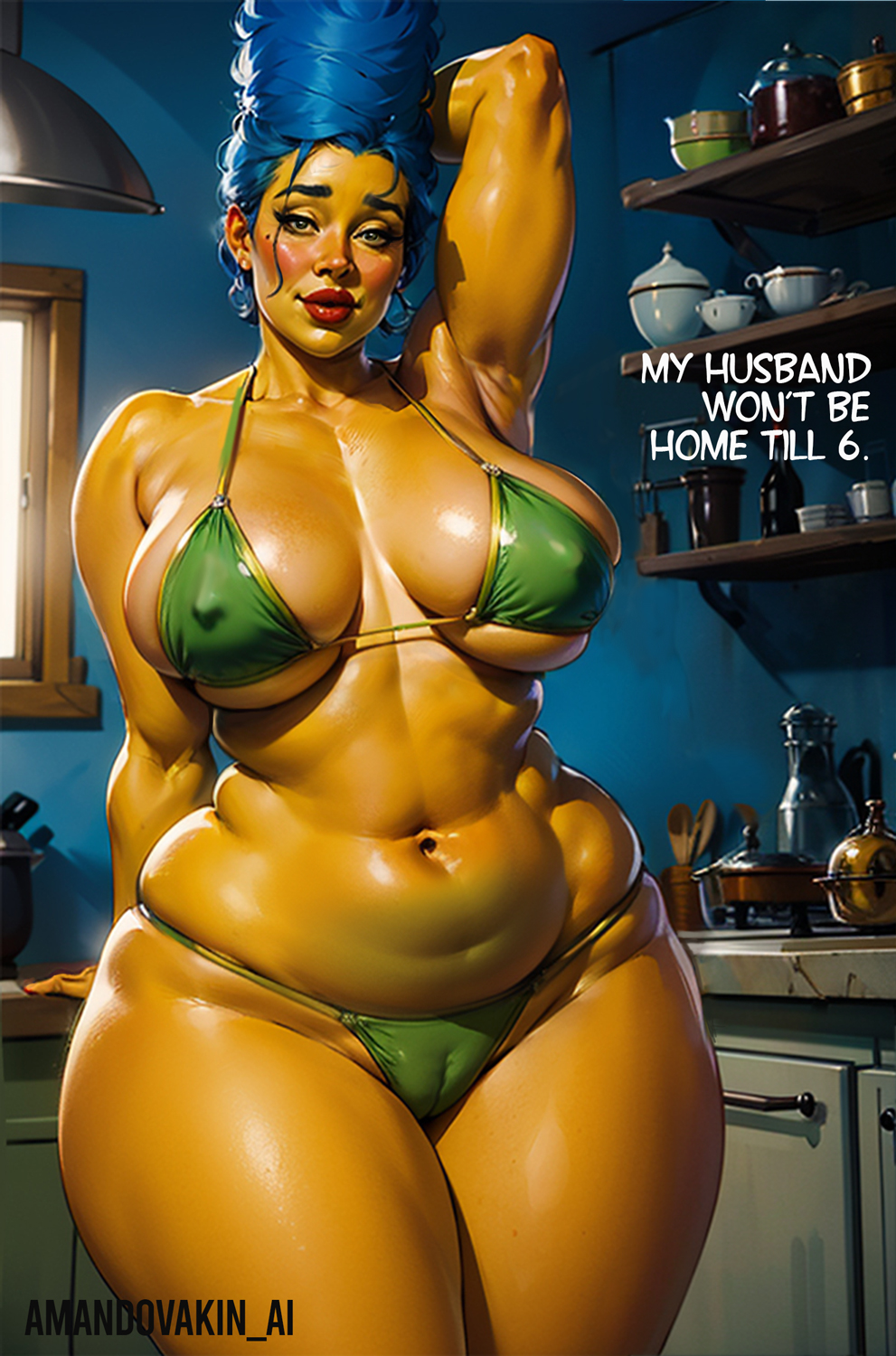 1girls, ai generated, amandovakinai, belly, big breasts, blue hair, breasts, curvy, female, female only, kitchen, marge simpson, milf, mother, solo female, the simpsons, thick thighs, voluptuous, wide hips, yellow skin