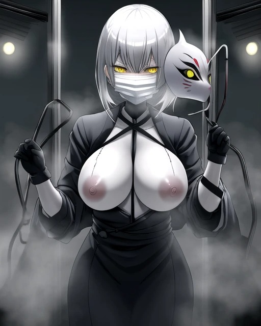 ai_generated fog foggy foggy_background ghost ghost_girl ghostly hospital mask masked_female nurse original_character white_hair yellow_eyes