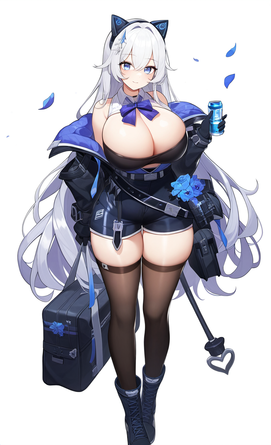 ai_generated bag beverage_can black_clothing black_shorts blue_eyes blue_ribbon blush cat_headphones cleavage cleavage_cutout coat cuvaceous falling_petals flowers huge_breasts long_hair novelai petals self_upload shoes shorts thick_thighs thighhighs tubetop voluptuous white_collar white_hair