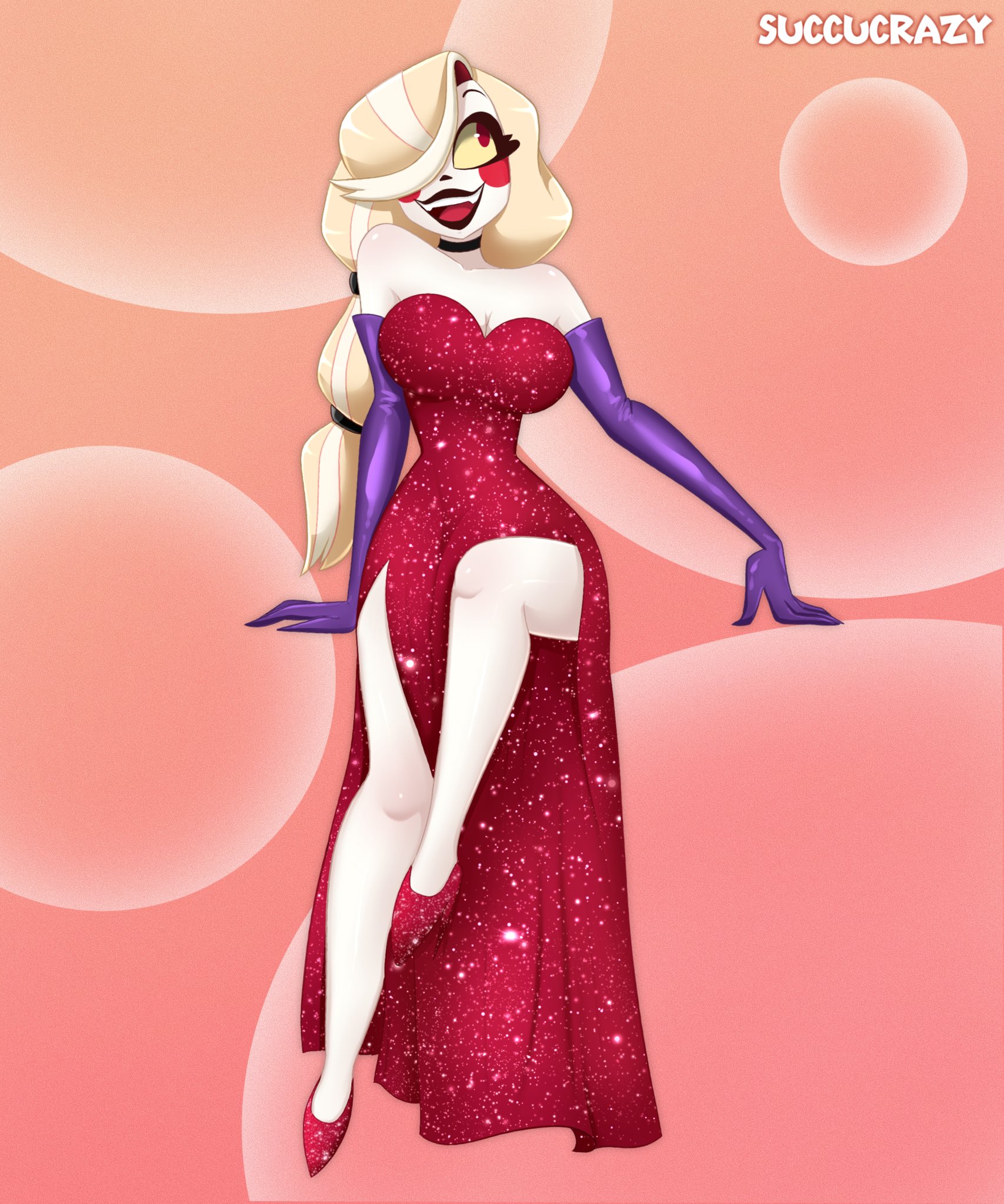 armwear, big breasts, blonde hair, breasts, charlie morningstar (hazbin hotel), clothing, female, footwear, hair over one eye, hazbin hotel, high heels, jessica rabbit (cosplay), long hair, pale skin, red dress, red eyes, succucrazy, white skin