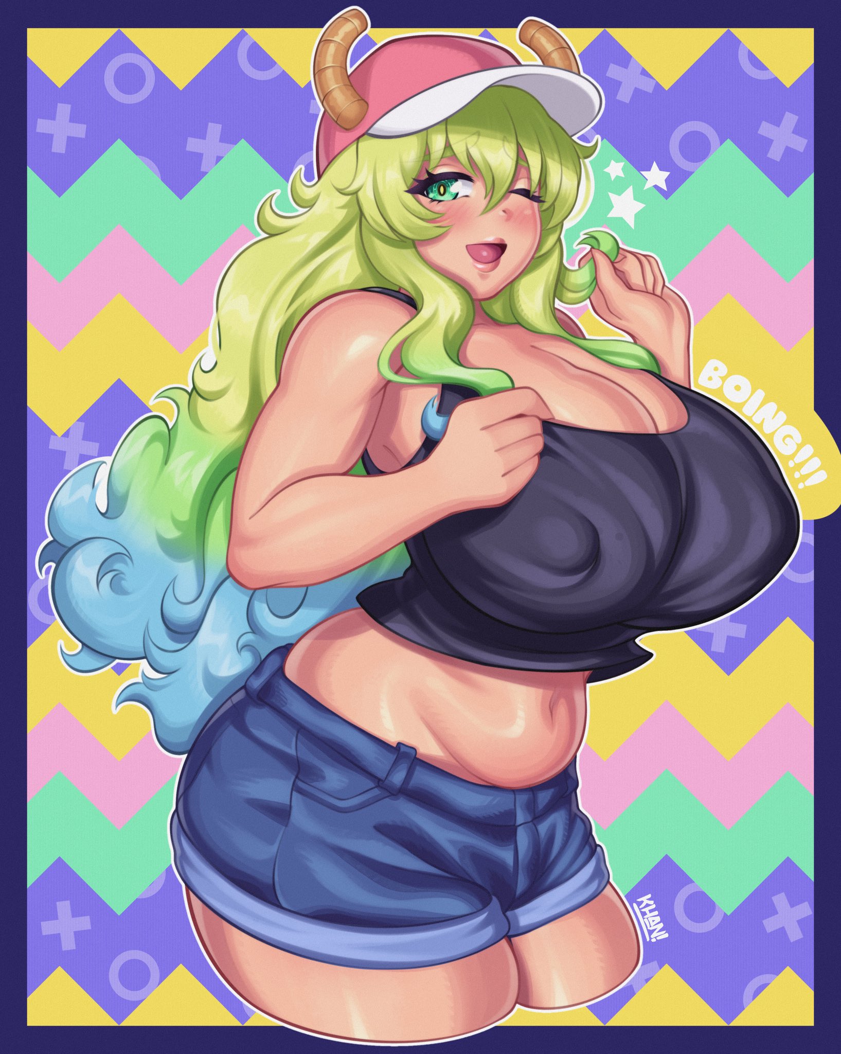 2024, 2d, baseball cap, big breasts, boing, breasts, busty, cleavage, color, female, female only, flatillustratorkhan, green eyes, hat, headgear, headwear, howardk, howardk1999, huge breasts, khan!, large breasts, light skin, light-skinned female, long hair, looking at viewer, lucoa, miss kobayashi's dragon maid, multicolored hair, navel, nipple bulge, nipples, nipples visible through clothing, one eye closed, open mouth, open smile, quetzalcoatl (dragon maid), shorts, solo, solo female, wink, winking at viewer