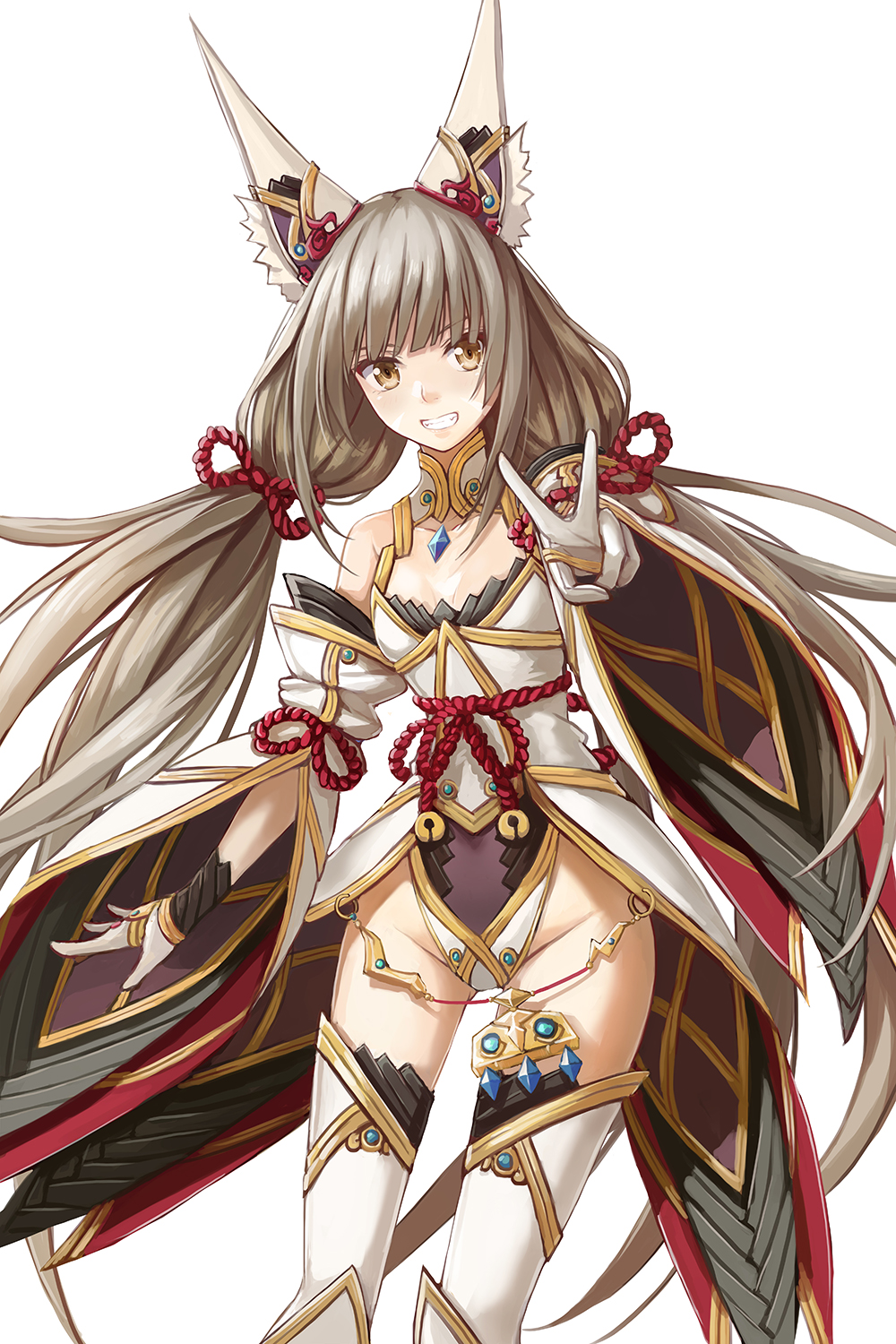 1girls :d animal_ears bare_shoulders breasts bridal_gauntlets cleavage_cutout clothing_cutout commentary core_crystal detached_sleeves high_res jewelry leotard light_brown_hair long_hair long_sleeves looking_at_viewer low-tied_long_hair low_twintails necklace nia_(blade)_(xenoblade) nia_(xenoblade) nintendo open_mouth redpoke simple_background small_breasts smile spoilers standing stockings twintails v very_long_hair white_background white_thighhighs xenoblade_(series) xenoblade_chronicles_2 yellow_eyes