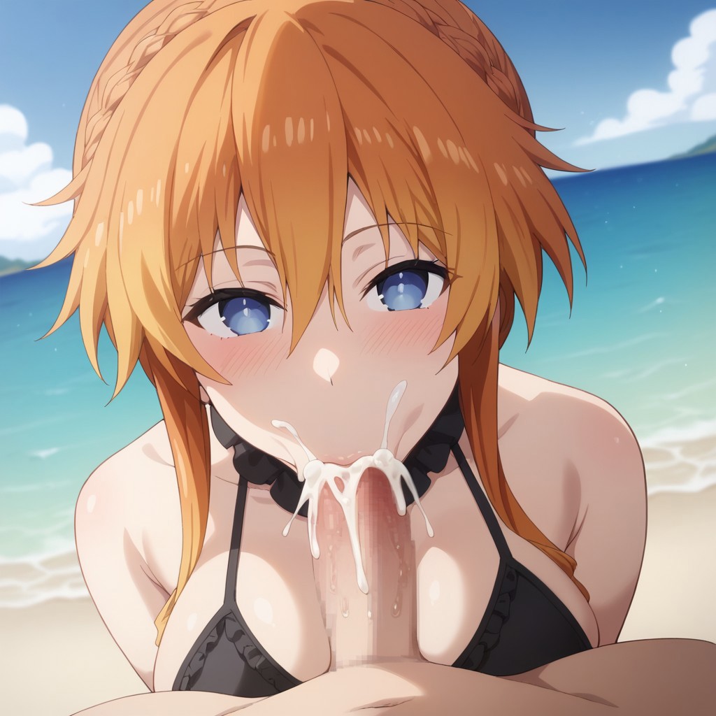 1boy 1girls ai_generated beach big_breasts bikini black_bikini blue_eyes breasts cum cum_in_mouth date_a_live fellatio female female_focus huge_breasts large_breasts looking_pleasured orange_hair penis yamai_yuzuru