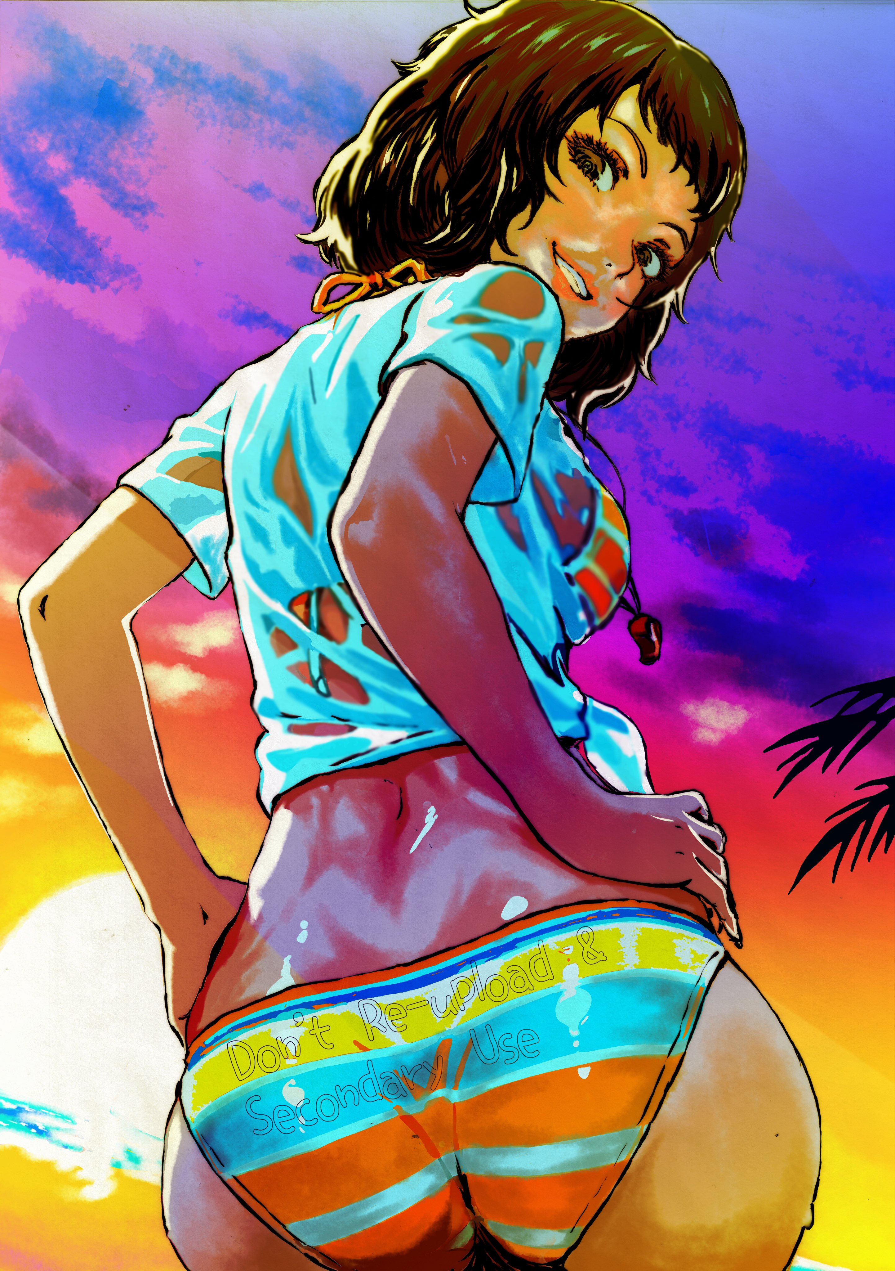 1girls, atlus, bikini, brown eyes, brown hair, female, female only, megami tensei, oeilvert fft, panties, persona, persona 5, sadayo kawakami, shin megami tensei, shirt, solo, swimwear, wet
