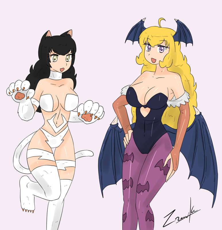 black_hair black_hair_female blake_belladonna blonde_female blonde_hair cat_ears cosplay darkstalkers felicia_(darkstalkers)_(cosplay) long_hair long_hair_female morrigan_aensland_(cosplay) purple_eyes rwby yang_xiao_long yellow_eyes zronku