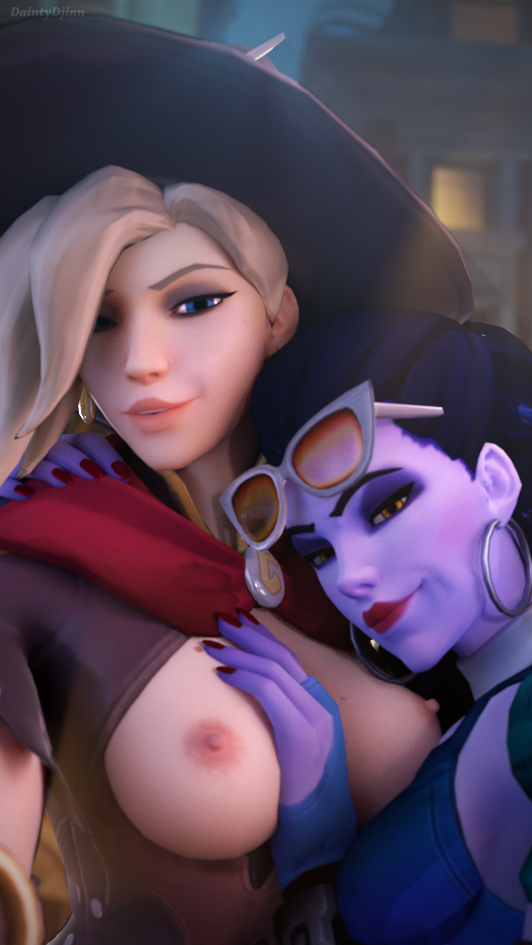 2girls, 3d, alternate costume, areolae, blender, breasts, breasts out, cote d'azur widowmaker, daintydjinn, female, female only, looking at viewer, mercy, nipples, overwatch, selfie, widowmaker, witch hat, witch mercy, yuri