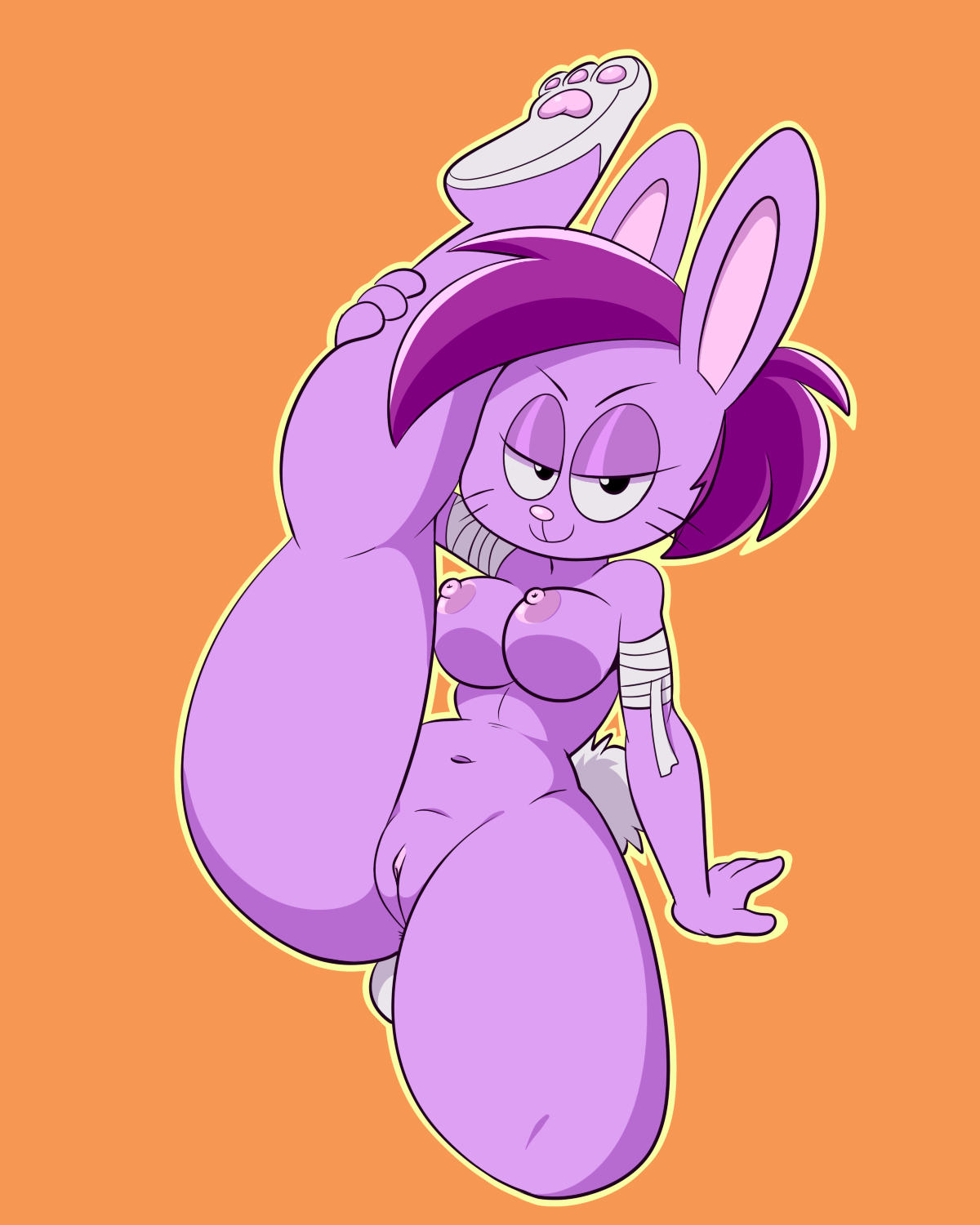 2017, absurd res, anthro, anus, areola, bandage, bedroom eyes, black eyes, breasts, bunny enid, cartoon network, clitoris, enid, female, female focus, female only, front view, fur, furry, furry only, hair, half-closed eyes, hi res, lagomorph, lonbluewolf, looking at viewer, mammal, naked, navel, nipples, nude, ok k.o.! let's be heroes, one leg up, orange background, pawpads, presenting, presenting pussy, purple fur, purple hair, pussy, rabbit, seductive, simple background, sitting, smile, smug, solo, solo female, solo focus, spread legs, spreading, stretching, tail, thick thighs, voluptuous, whiskers, wide hips