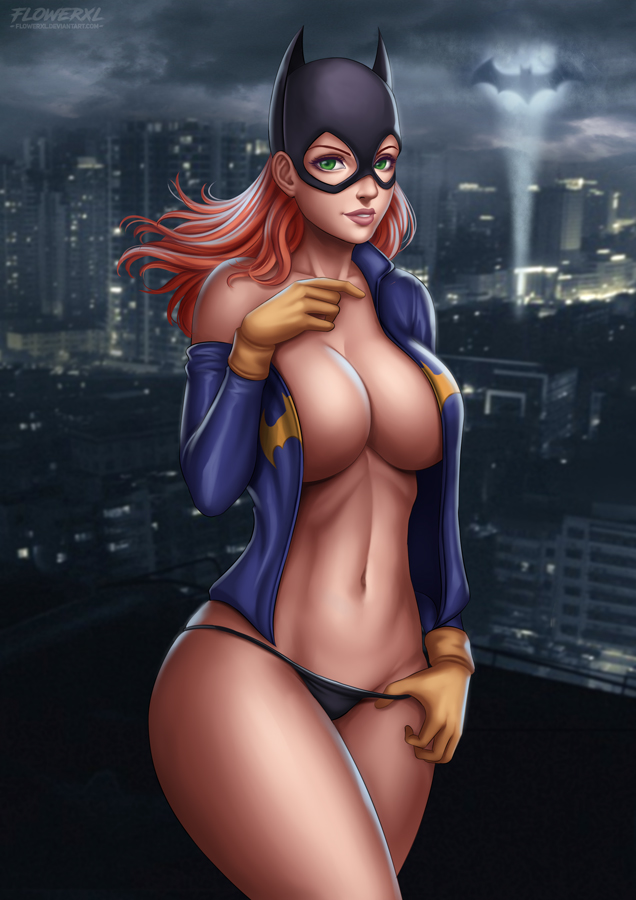 1girls, auburn hair, barbara gordon, bat signal, batgirl, batman (series), big breasts, breasts, busty, cityscape, cleavage, cowl, dc, dc comics, female, female only, flowerxl, green eyes, large breasts, light skin, light-skinned female, looking at viewer, night, open shirt, panties, panty pull, pinup, solo, thick thighs, thin waist, voluptuous