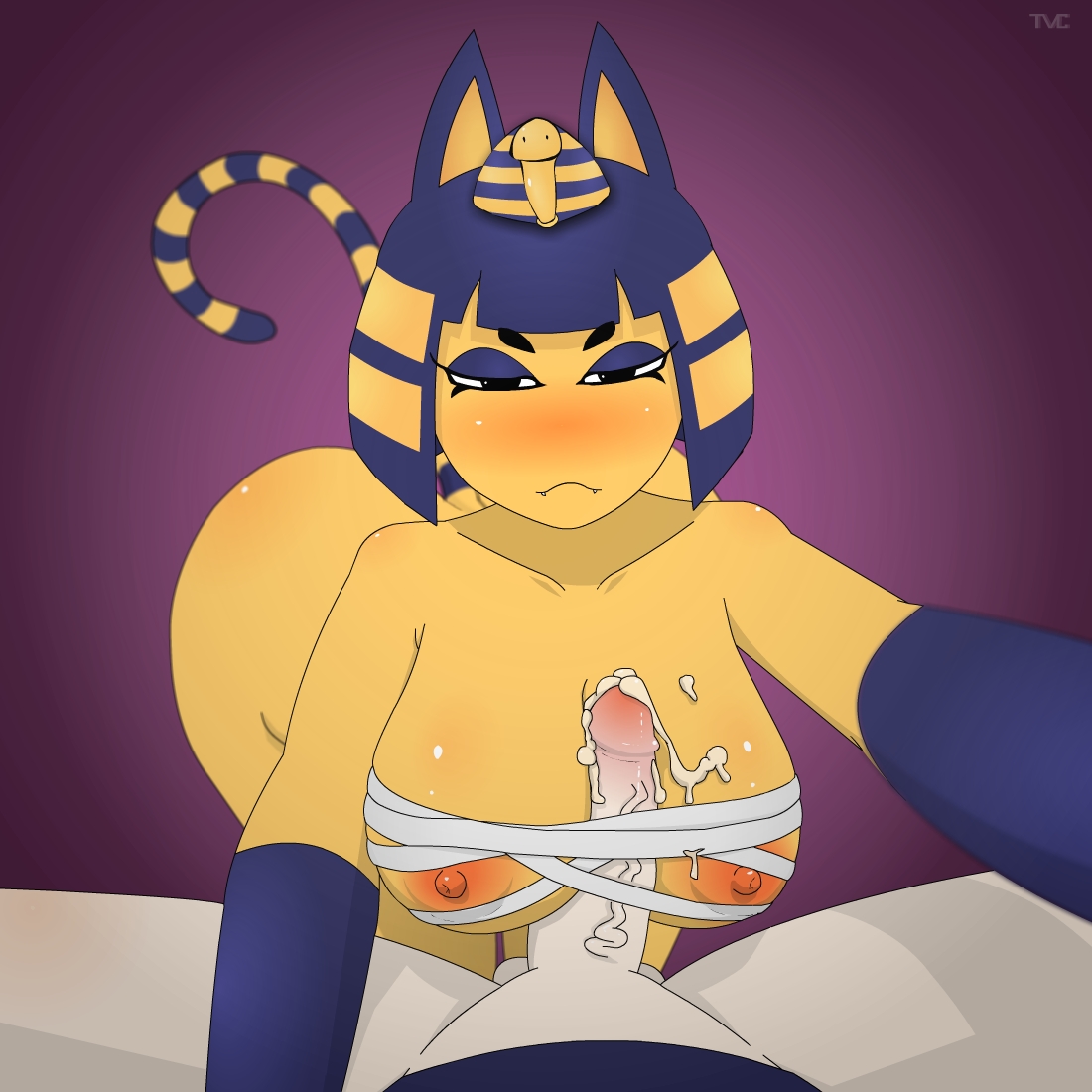 2017, animal crossing, ankha, areolae, ass, big breasts, breasts, cum, cum on breasts, erection, female, large breasts, looking at viewer, male, nintendo, nipples, paizuri, penis, pov, straight, tvcomrade123