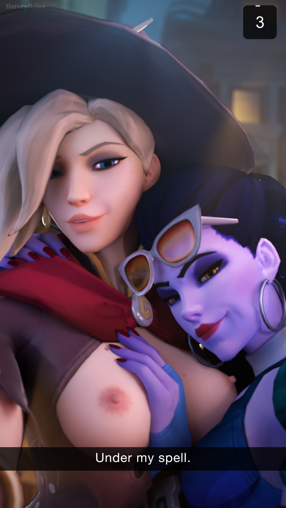 2girls, 3d, alternate costume, areolae, blender, breasts, breasts out, cote d'azur widowmaker, daintydjinn, female, female only, looking at viewer, mercy, nipples, overwatch, selfie, snapchat, text, widowmaker, witch hat, witch mercy, yuri
