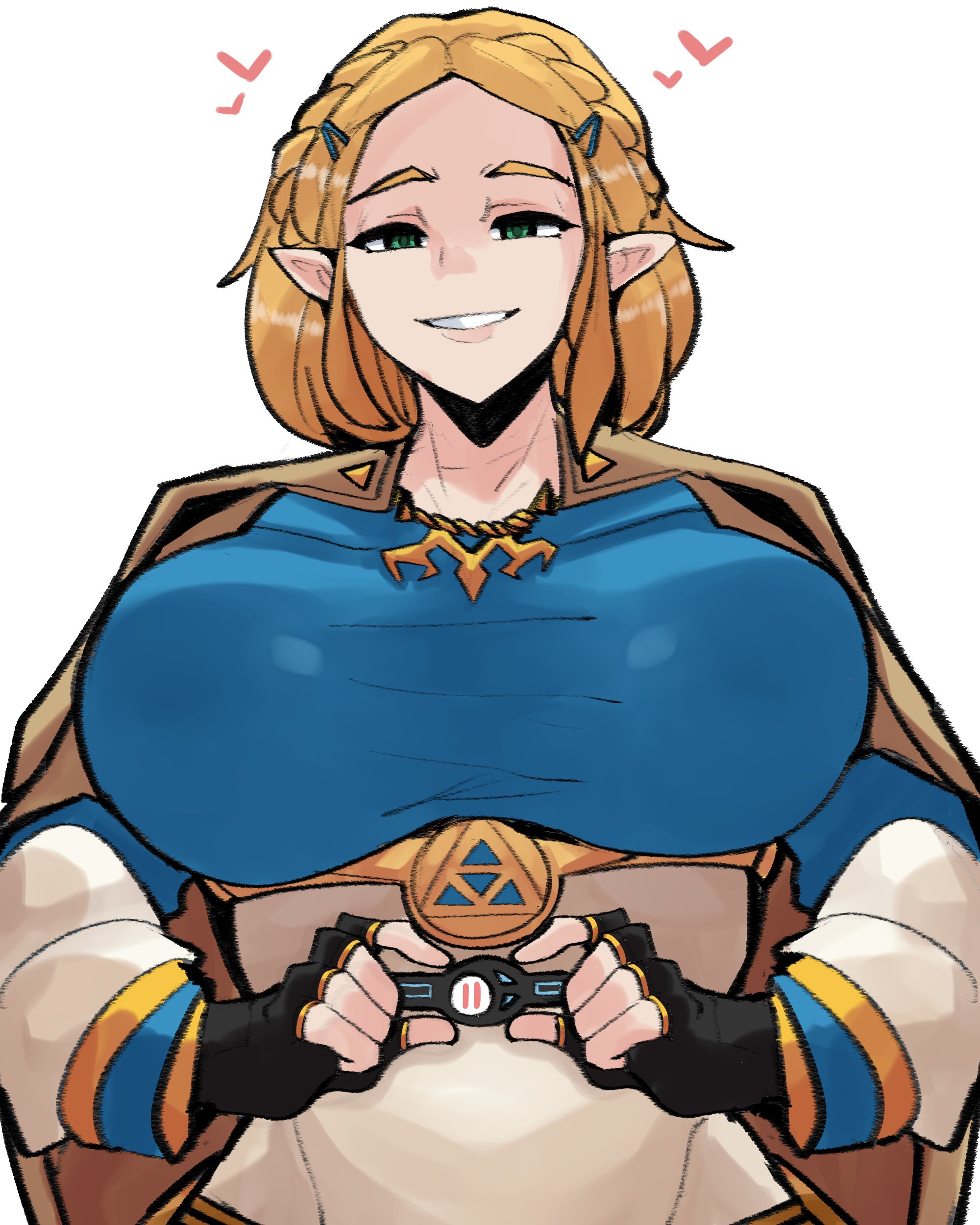 1girls, blonde hair, breasts, elf, elf ears, female, female only, green eyes, heart, horu, hylian, implied pregnancy, large breasts, light skin, light-skinned female, looking at viewer, nintendo, pregnancy test, princess zelda, short hair, smile, solo, solo female, tagme, tears of the kingdom, the legend of zelda, zelda (tears of the kingdom)