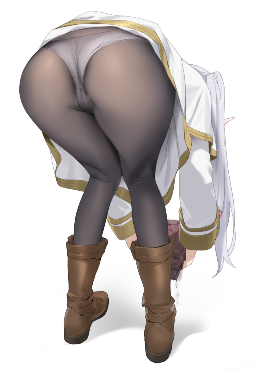 1girls, ass, ass focus, bent over, boots, cameltoe, elf, female, frieren, from behind, full body, panties, panties under pantyhose, pantyhose, pointy ears, pussy, solo, sousou no frieren, thighs, twintails, underwear, upskirt, white hair, white panties, yd (orange maru)