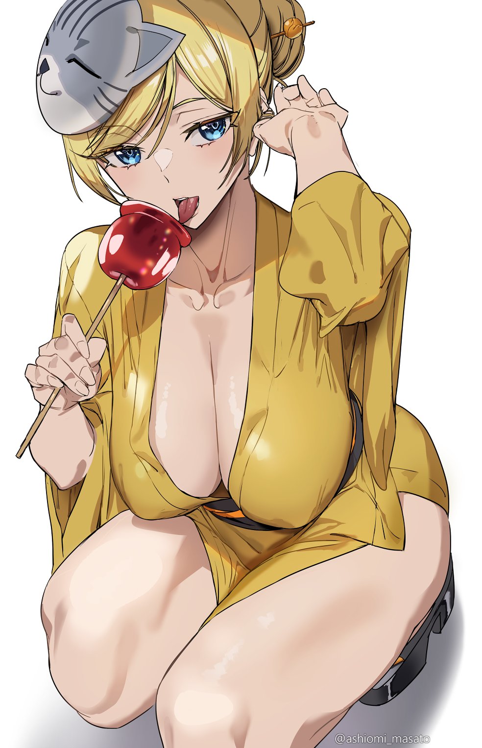 1girls ashiomi_masato blonde_hair cleavage food guilty_gear kimono large_breasts millia_rage no_bra solo squatting