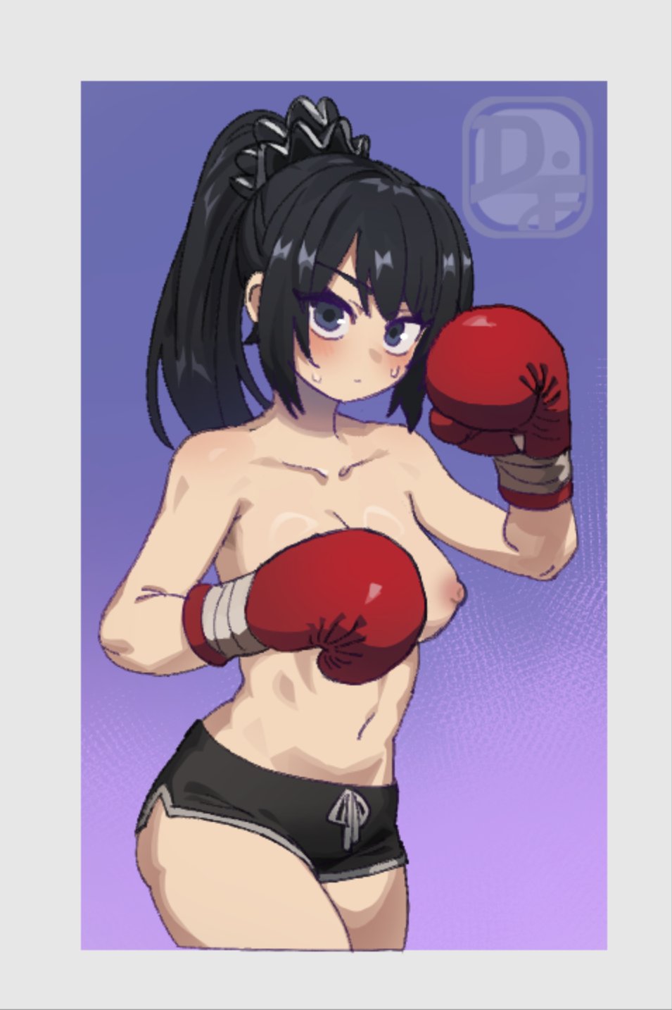 1girls black_hair boxing_gloves difmanm female female_only fighting_stance gloves light-skinned_female light_skin medium_breasts pale-skinned_female pale_skin ponytail red_boxing_gloves red_gloves shorts solo sportswear standing sweat tied_hair topless