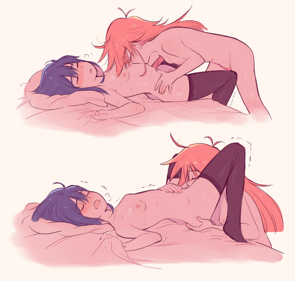 2girls ange_(angeban93) arched_back bed_sheet blue_hair blush breasts breath closed_eyes commentary_request couple cunnilingus flip_flappers from_side kokomine_cocona long_hair lying multiple_girls multiple_views muted_color nude open_mouth oral papika_(flip_flappers) pink pink_hair short_hair small_breasts sweat thighhighs uncensored yuri