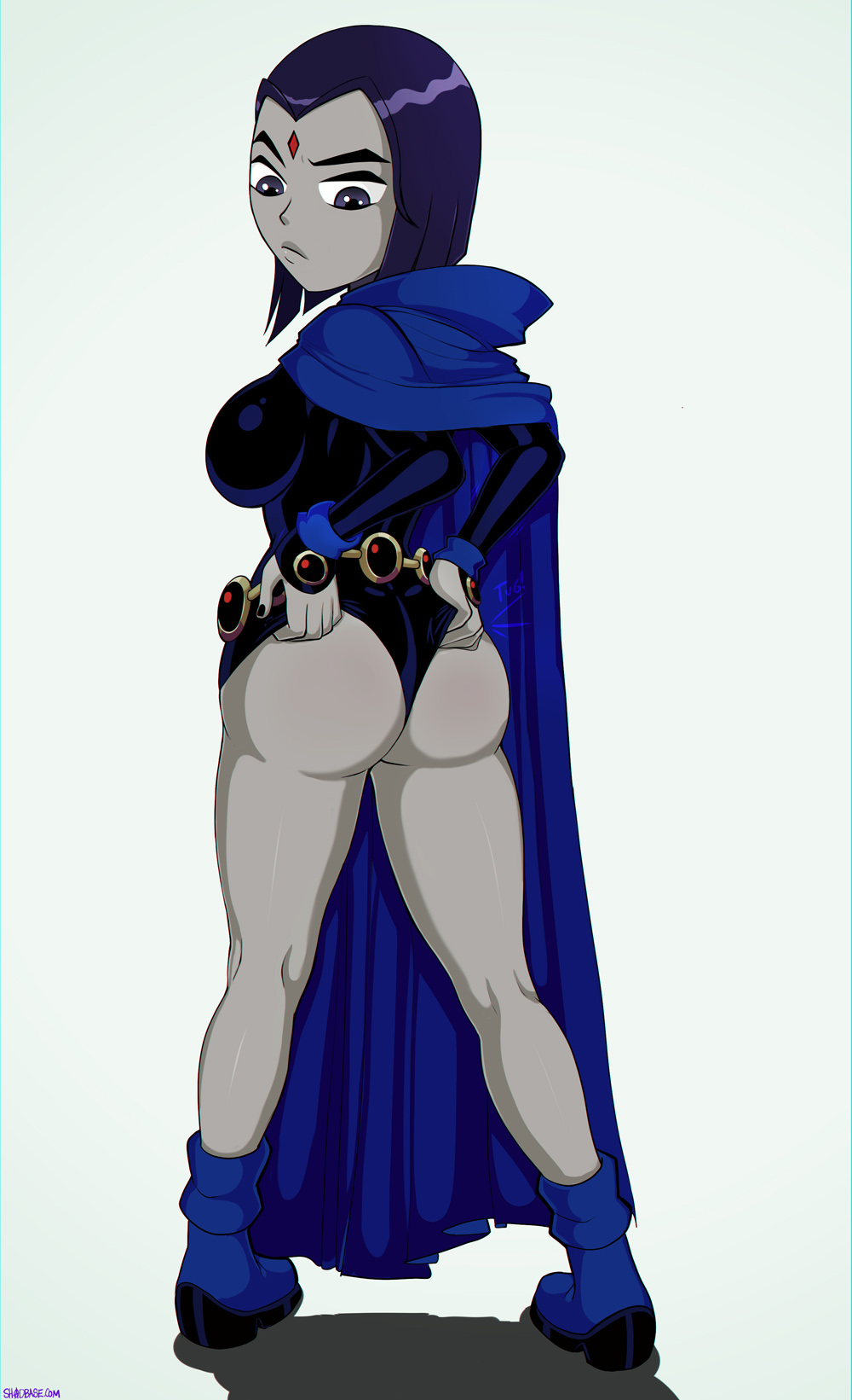 1girls, alternate breast size, ass, ass focus, belt, big ass, big breasts, bimbo, breasts, bubble ass, bubble butt, butt focus, cloak, clothing, dc, dc comics, demon, demon girl, edit, female, female only, footwear, forehead jewel, grey skin, huge ass, large ass, large breasts, leotard, leotard pull, looking at ass, looking down, nail polish, oblivious, outerwear, purple eyes, purple hair, rachel roth, raven (dc), round ass, shadman, short hair, sideboob, solo, standing, teen titans, teenager, thick ass, undressing, wedgie, wide hips